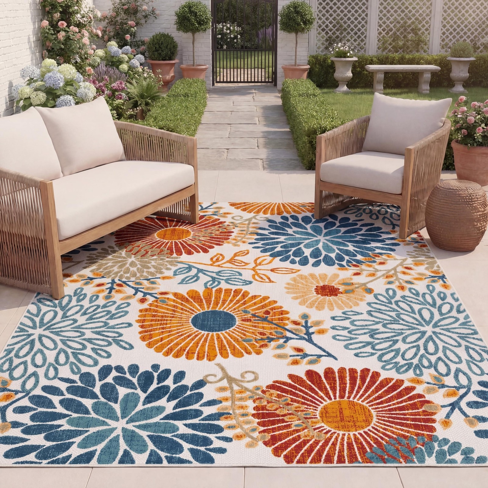Washable Rug Outdoor Cabana Collection 8′ x 10′, Cream & Red, NonShedding & …
