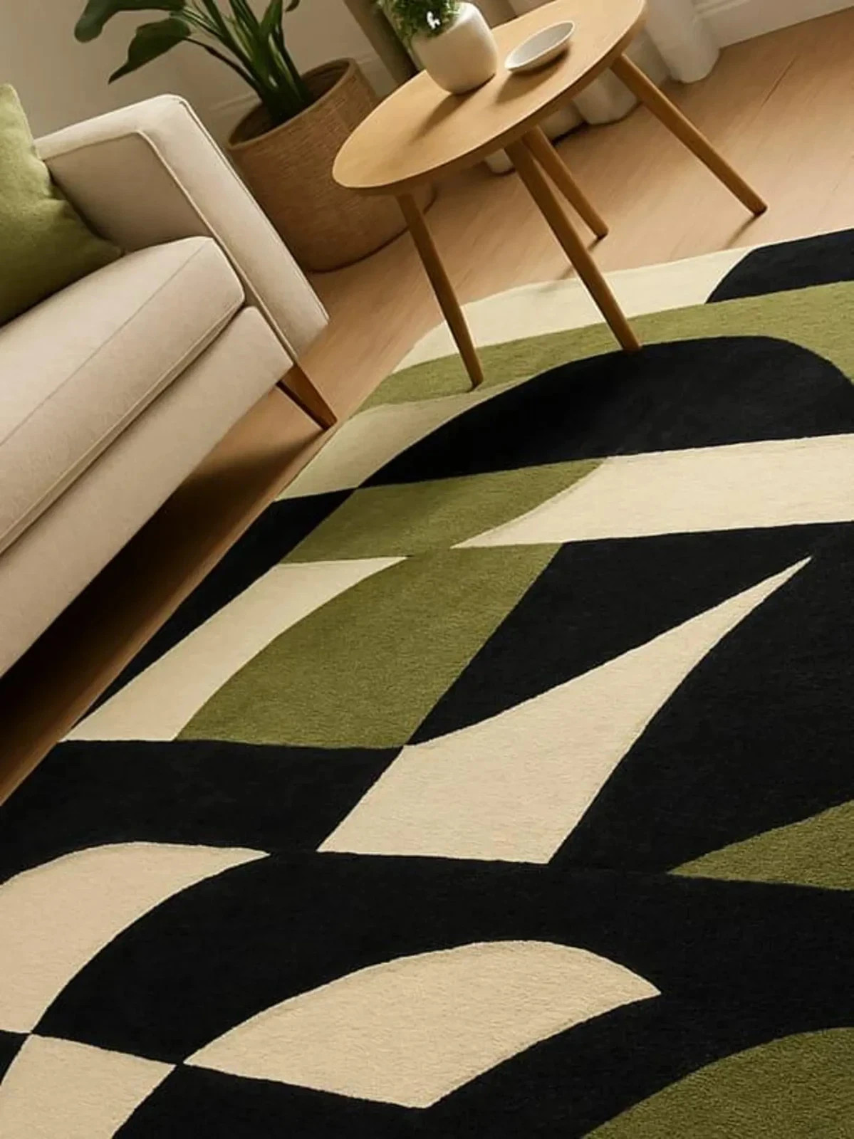 New Hand-Tufted Wool Rug: Modern Geometric Black, Green, and Beige Accent Carpet