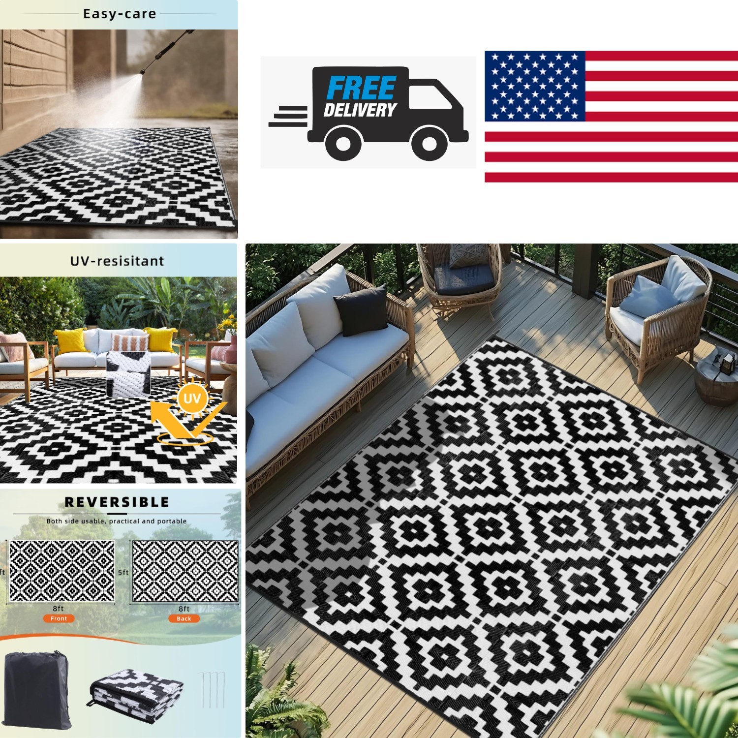 Stylish Black and White Outdoor Rug 5×8 ft Weather Resistant for Patio Decor