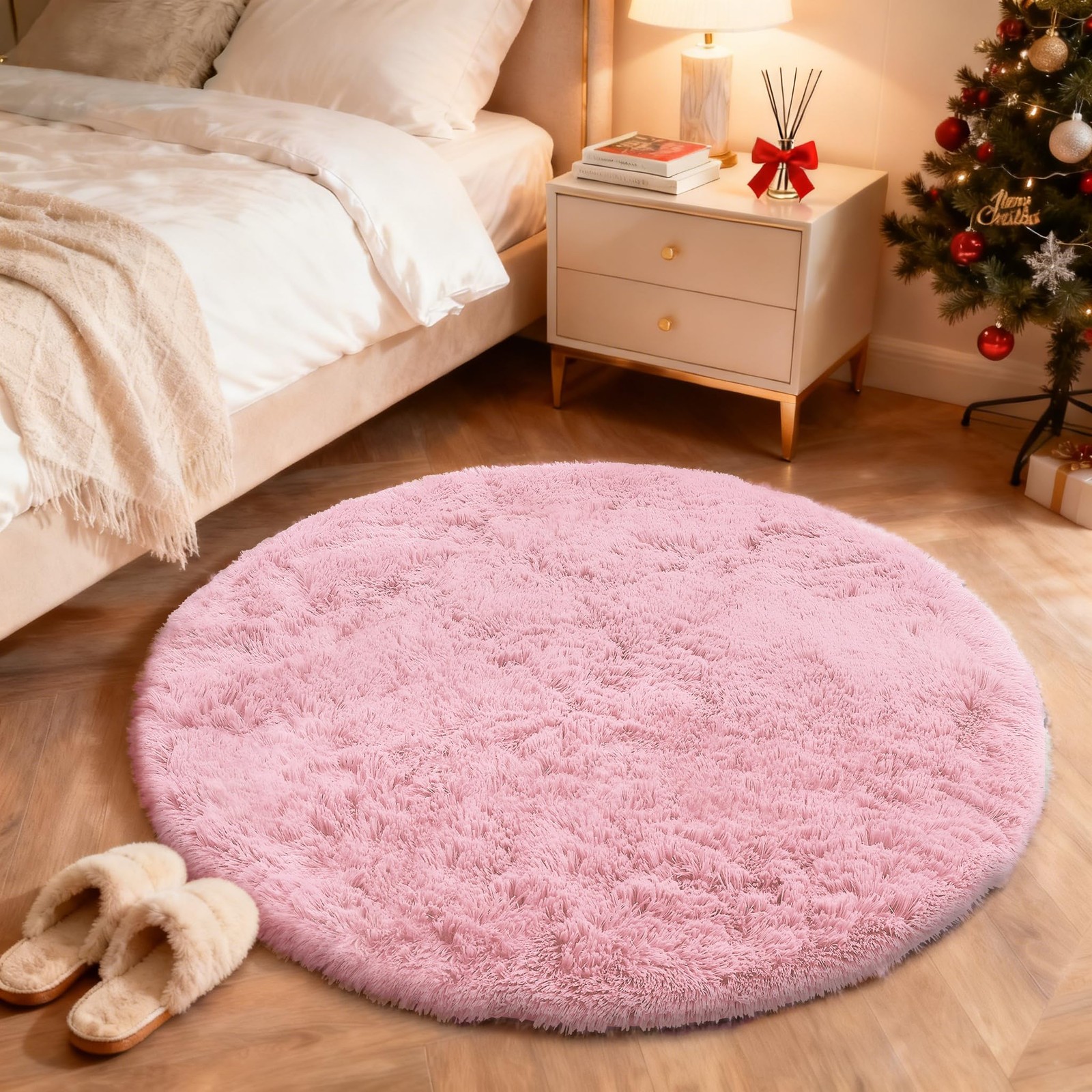 OLANLY Pink Round Rug 4ft – Machine Washable Soft Shaggy Carpet
