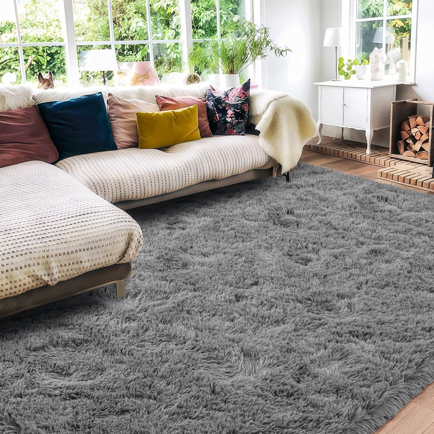 Quntue 8×10 Grey Shag Rug Ultra Soft Plush High Pile Non-Slip Area Carpet