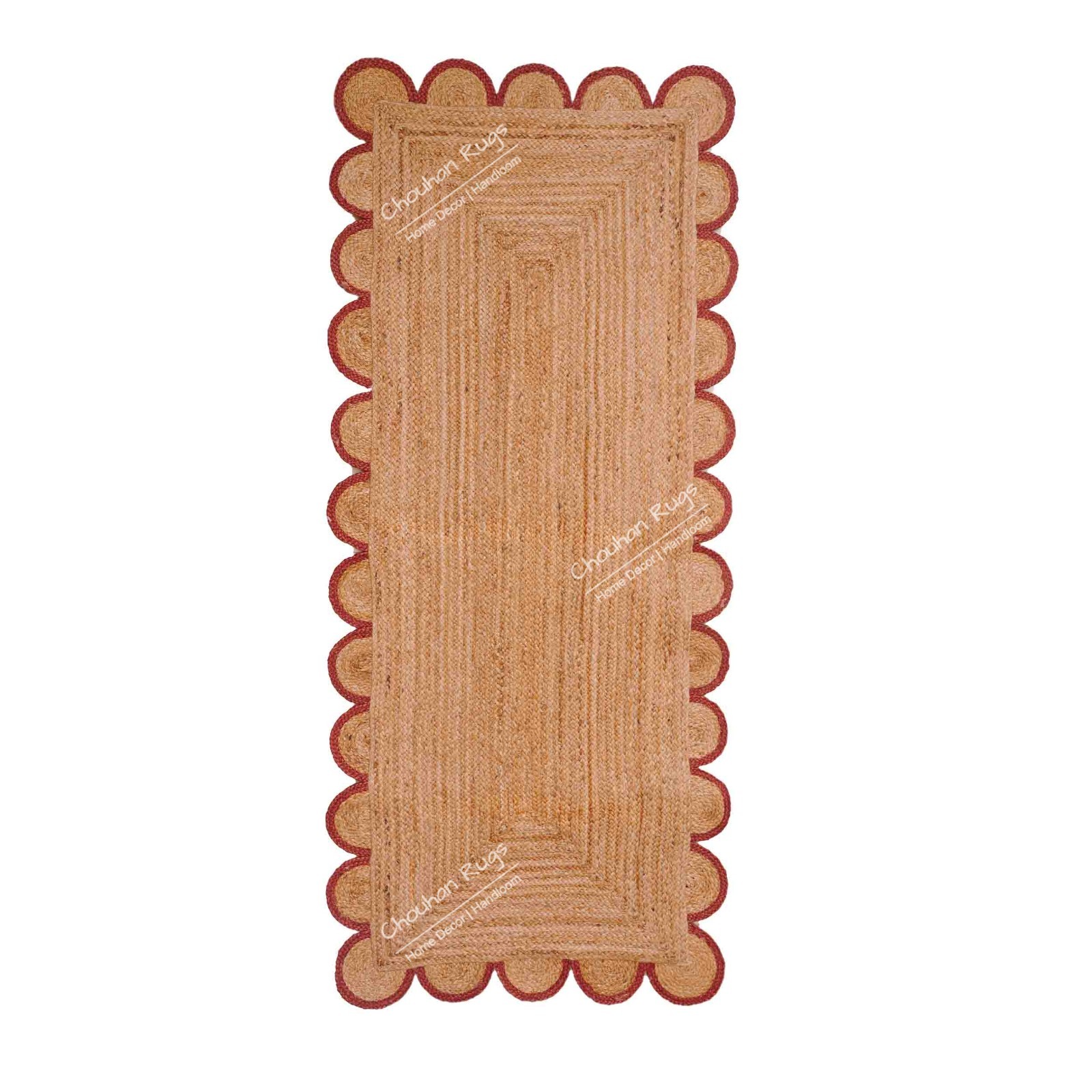 Hand Braided Natural Red Scallop Jute Runner Rug Farmhouse Decor Hallway Runner