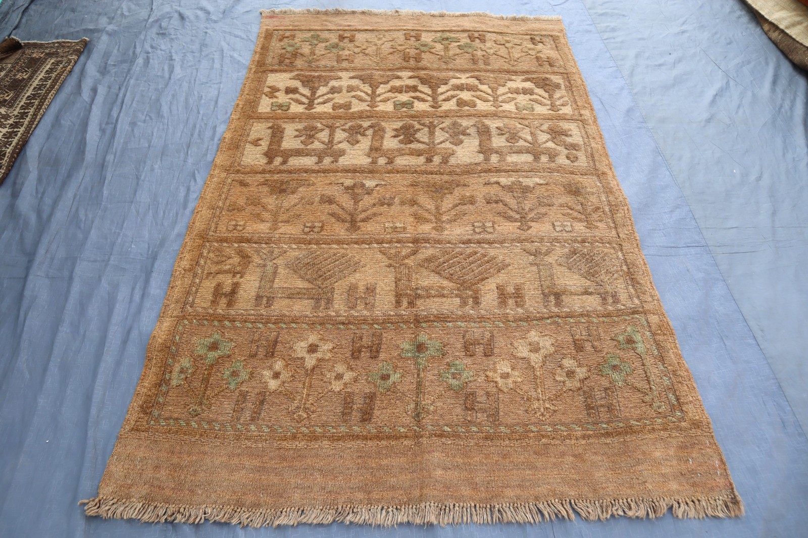 Antique Pictorial Rug 4’2×6’8 ft Turkmen Handmade Wool Tribal Rug, Kids Area Rug