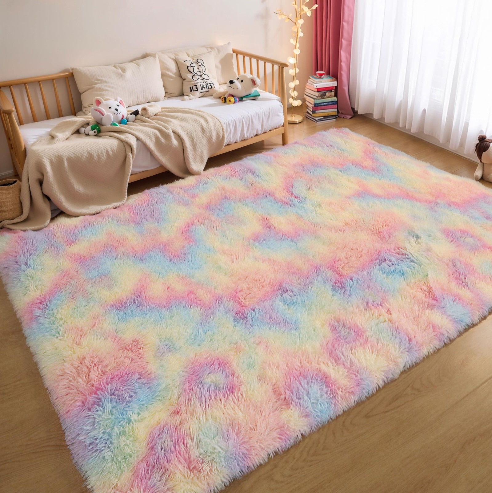 Washable 4×6 Rainbow Fluffy Shaggy Area Rugs, Kawaii Princess Soft Plush Carp…