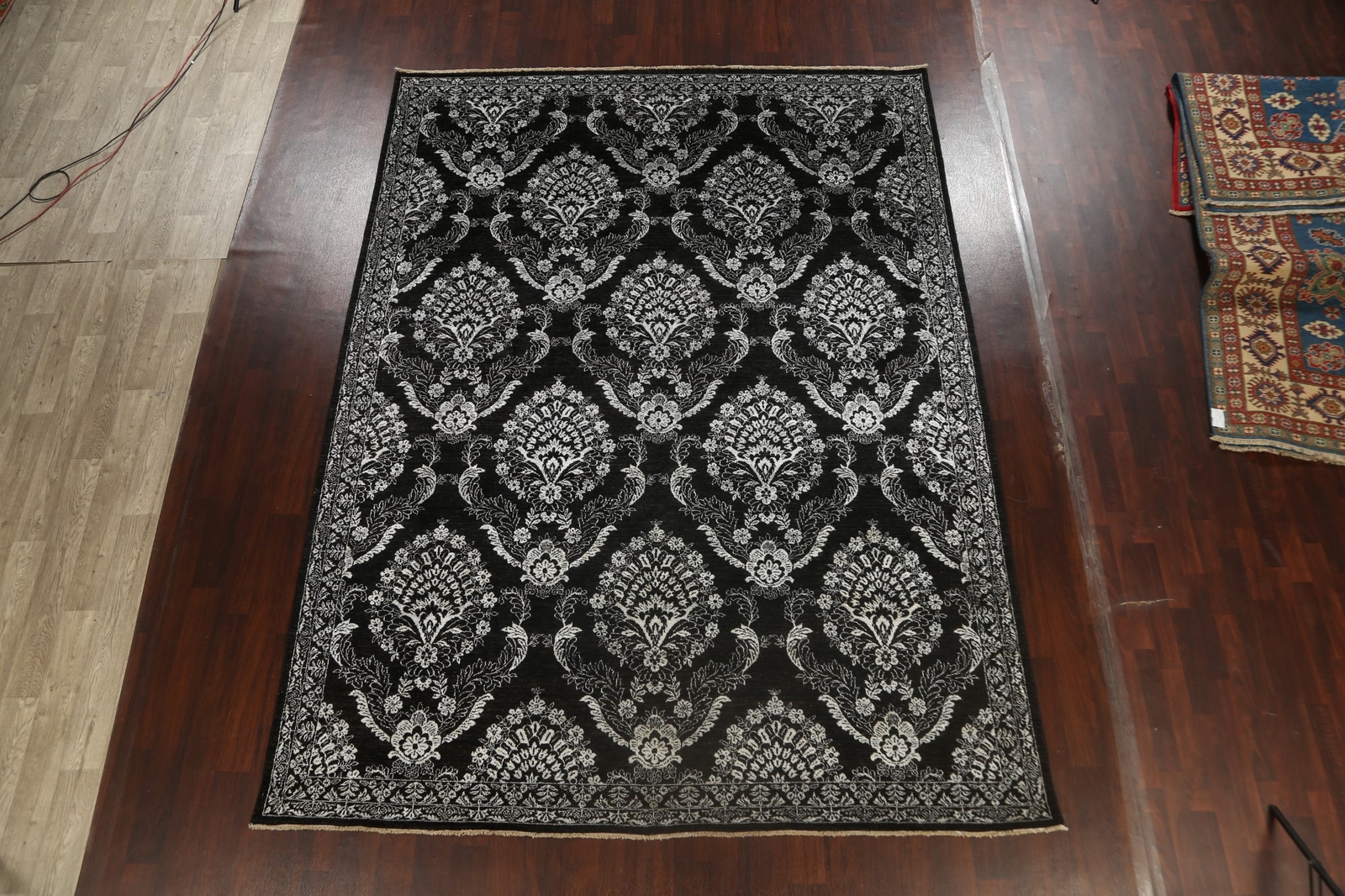 Vegetable Dye Black/ Silver Versace Oriental Rug 9×12 Wool/ Silk Handmade Carpet