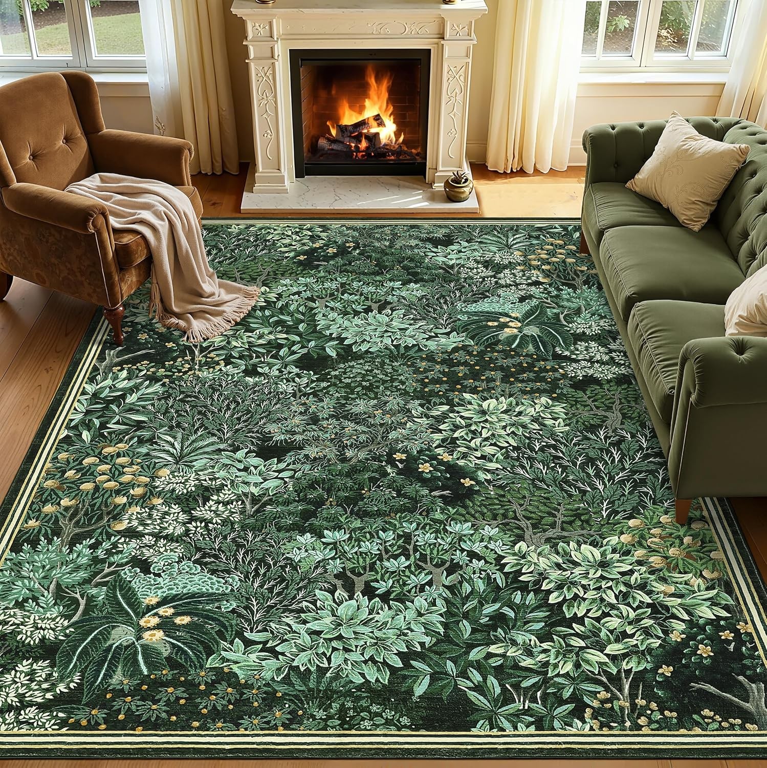 Forest Rugs 5×7, Dark Green Washable Area Rugs for Living Room 5×7, Botanical.