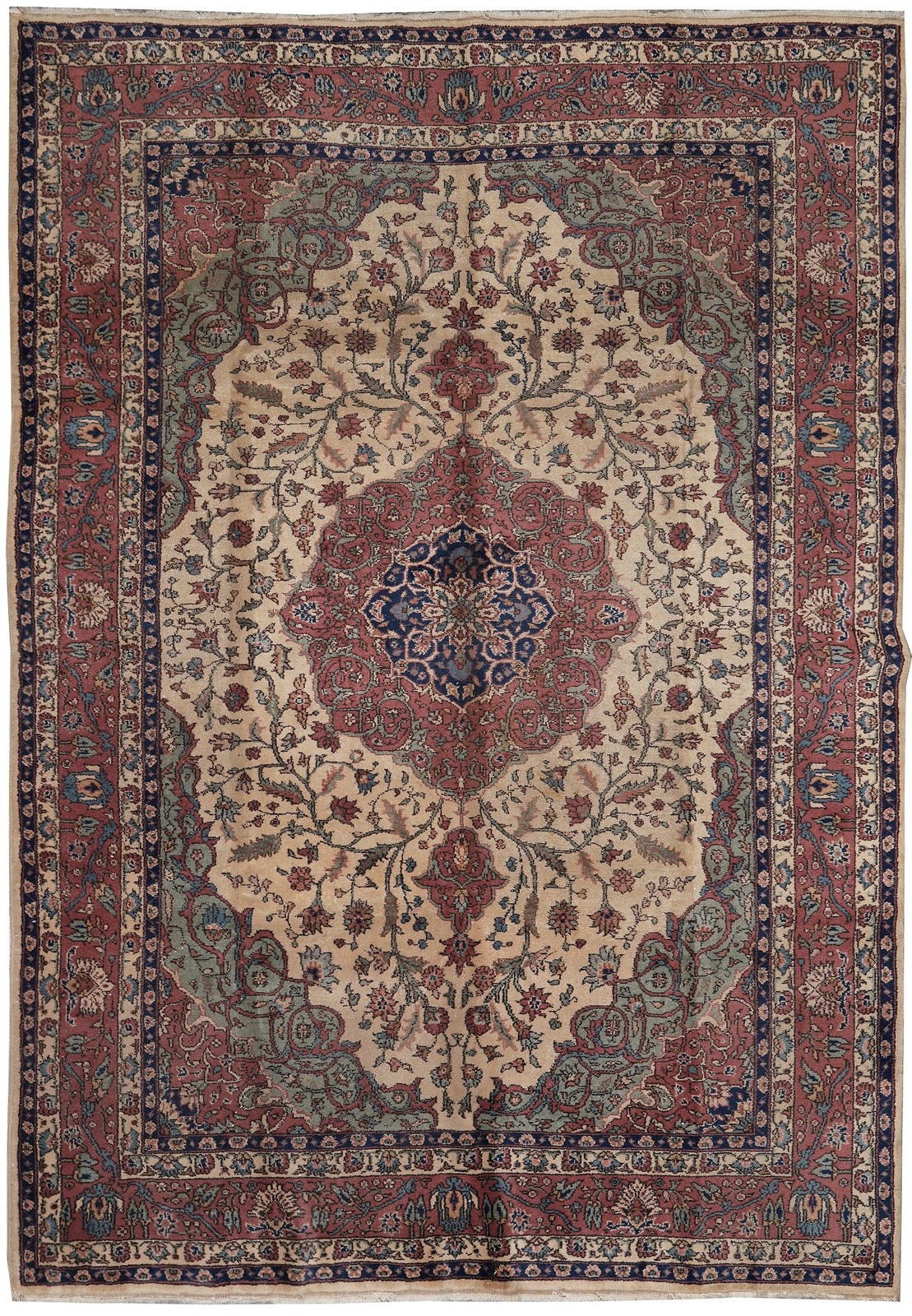 7.5 x 10.6 Turkish Tabriiz Rug | Ivory & Rust Medallion | Hand-Knotted Wool