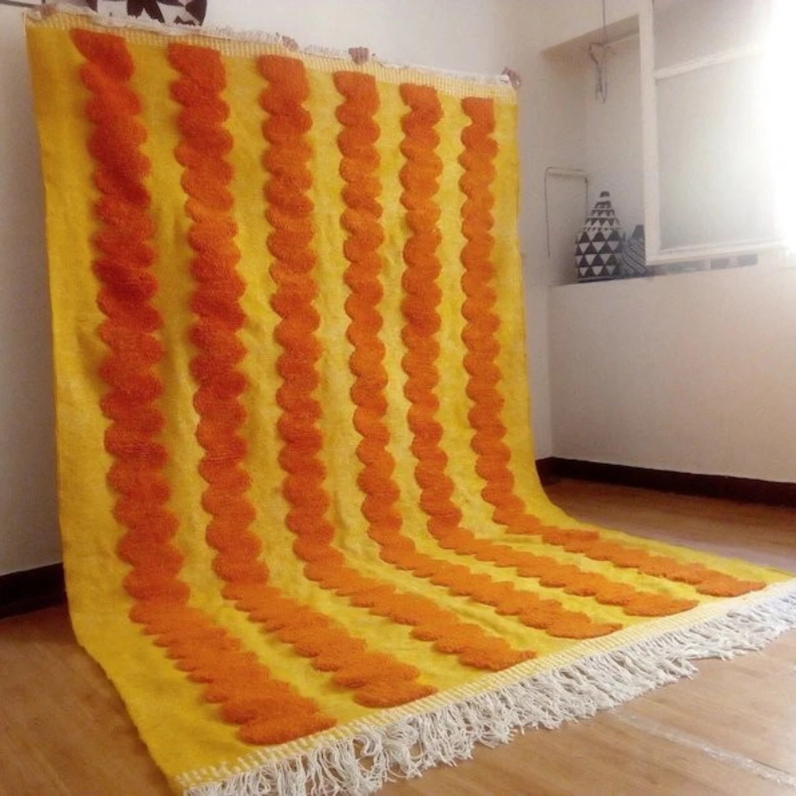 Hand woven Wool Boho Moroccan Wool Area Rug Yellow Orange Handmade Vintage Style