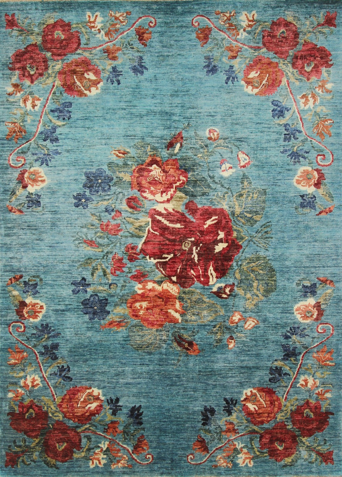 6×8 ft Turquoise Blue Floral Afghan Hand Knotted Wool Area Rug