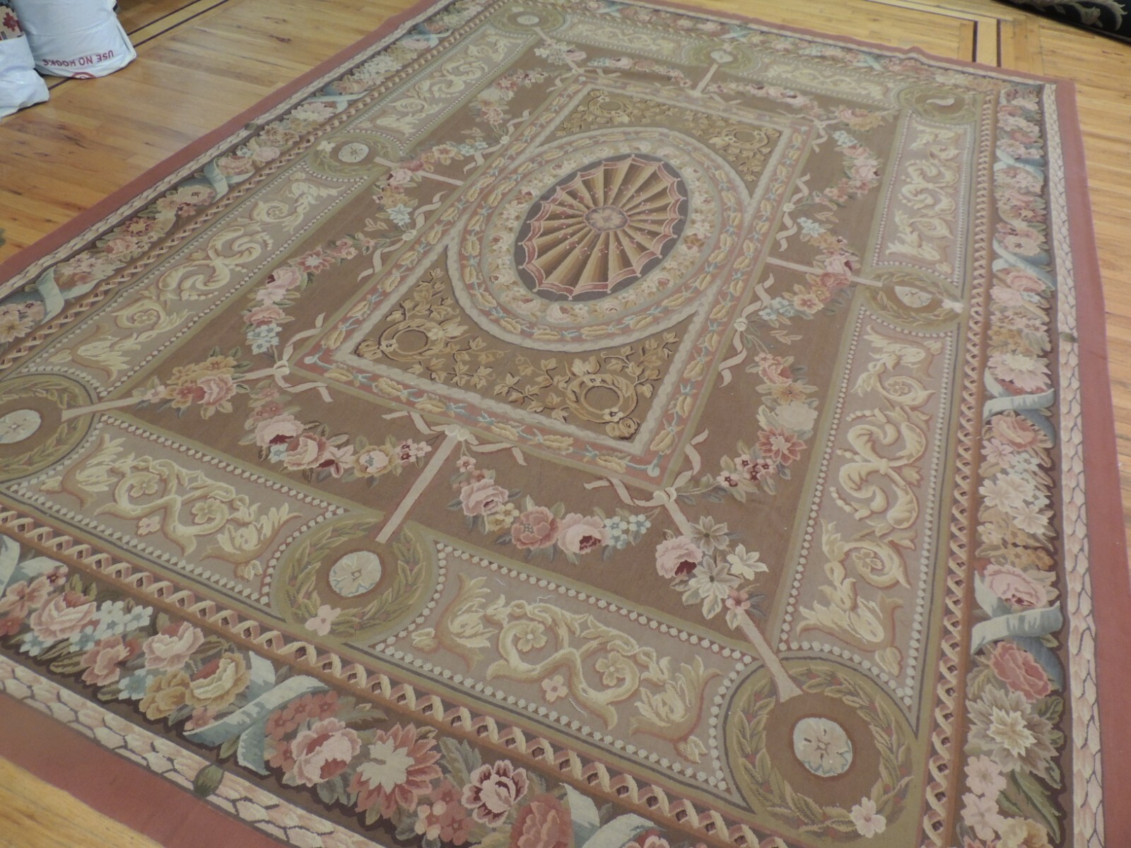9×12 French Aubusson Area Rug Floral Brown Rust Teal Green Beige Medallion wool