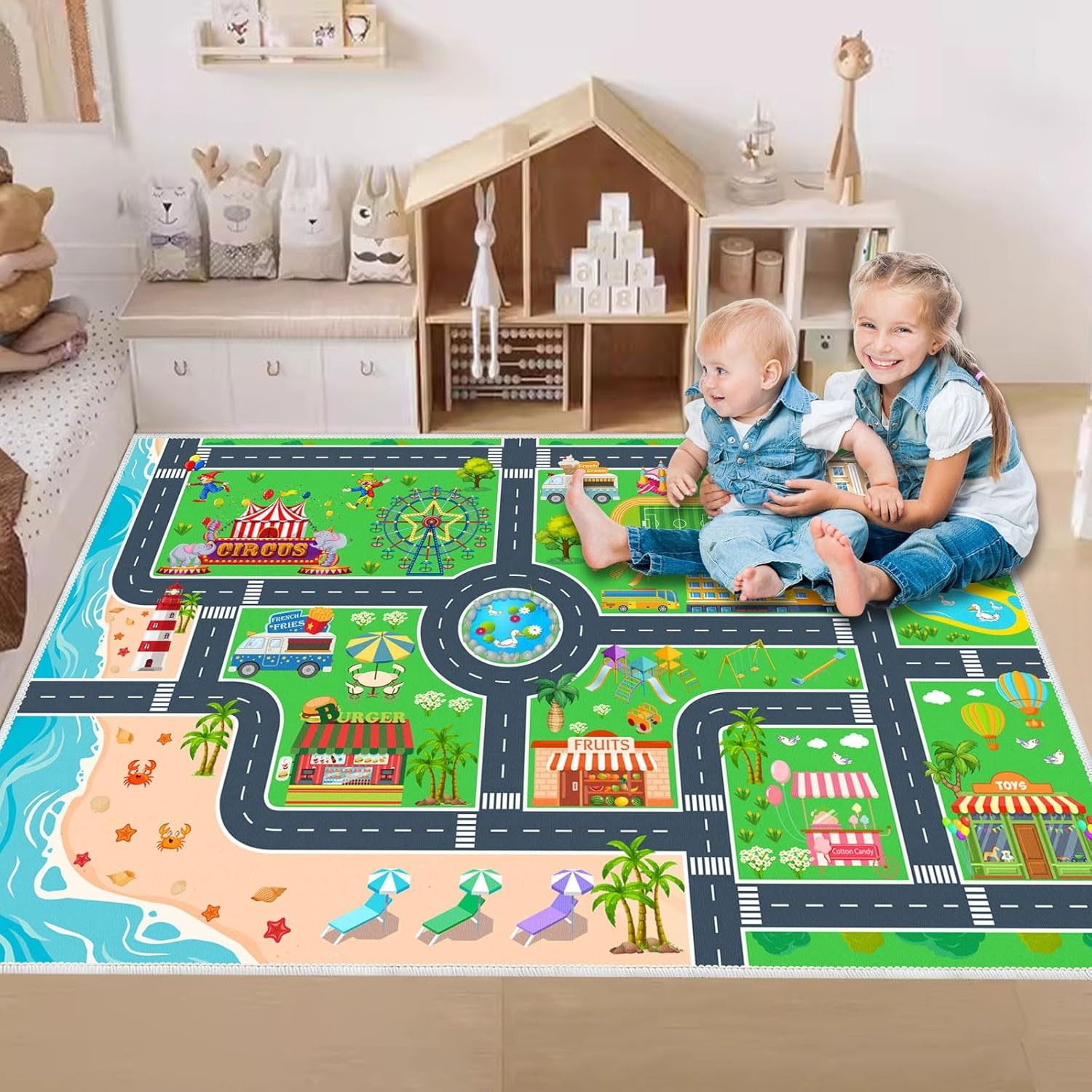 Kids Carpet Playmat Car Rug, Car Rug for Kids Toy Cars and Train, Non Slip Play