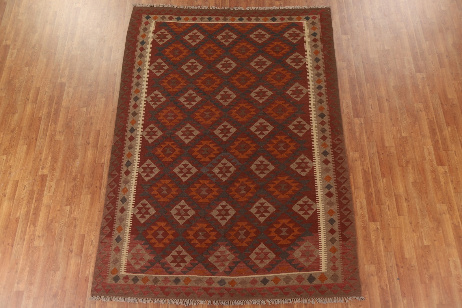 All-Over Pattern Reversible Kilim Kelim Area Rug 7×10 Wool Hand-Woven Carpet