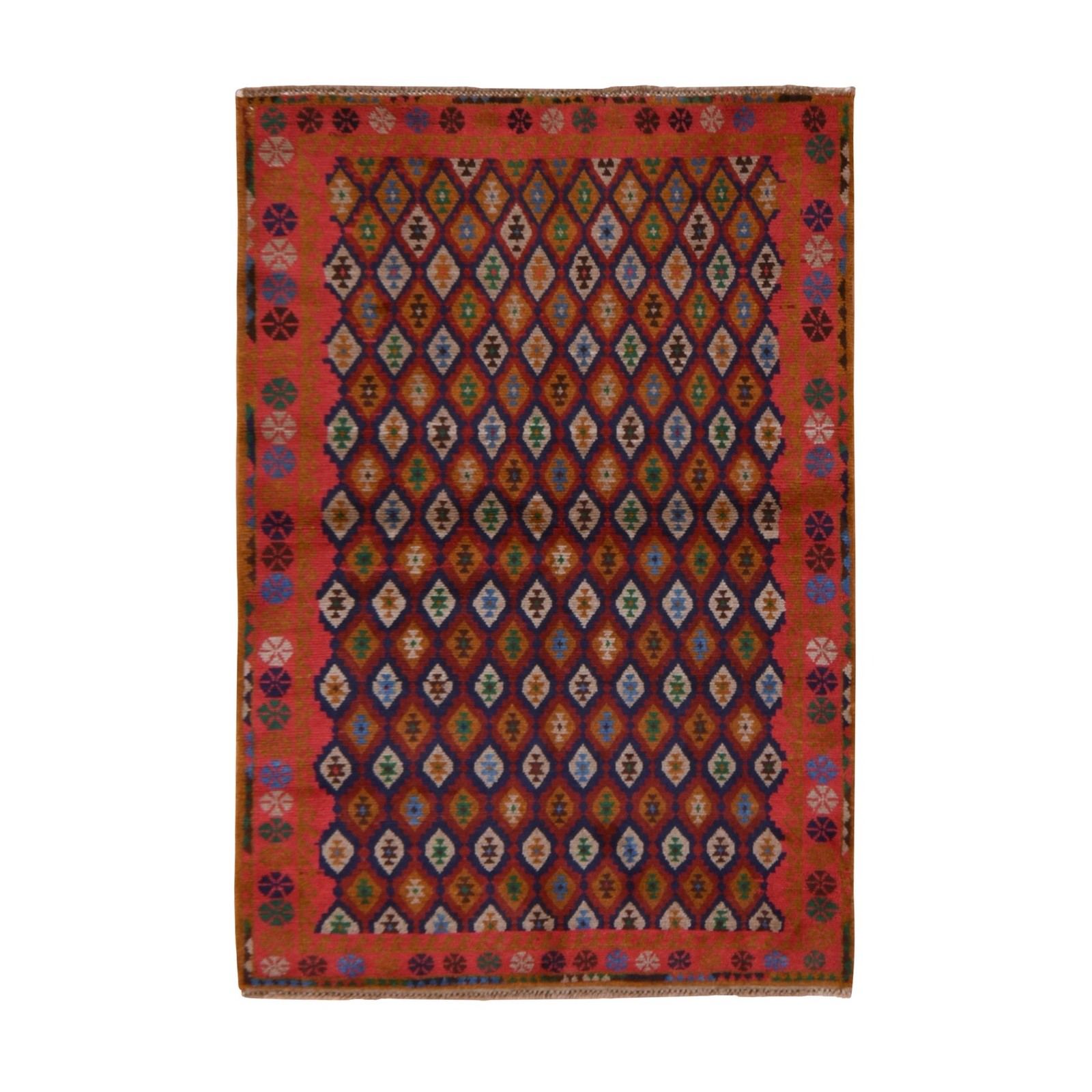 4’x6’1″ Red Colorful Afghan Balooch with All Over Design Hand Knotted Wool Rug