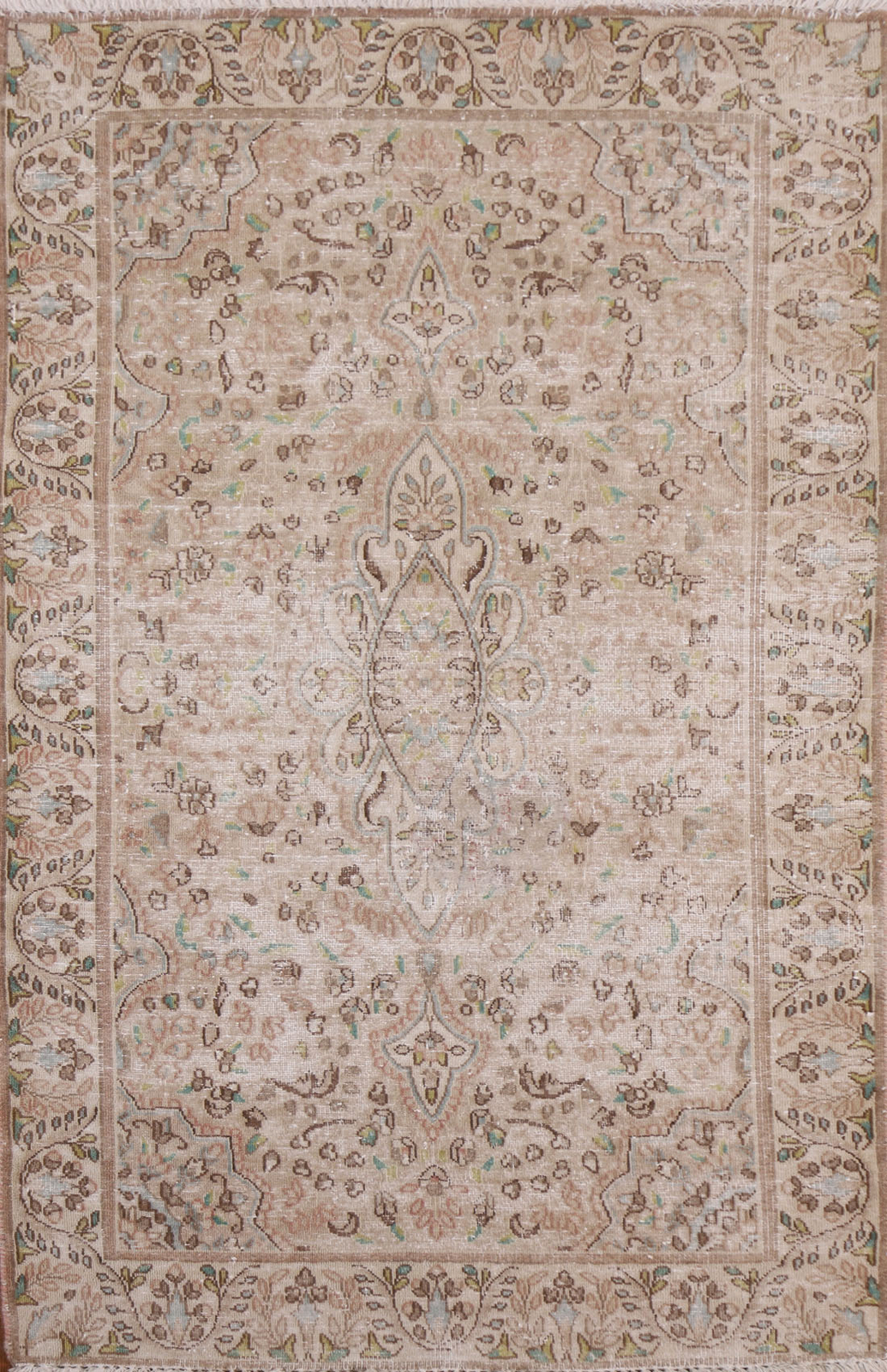 Vintage Muted Distressed Wool Kirman Accent Rug 3×5 Floral Handmade Foyer Carpet