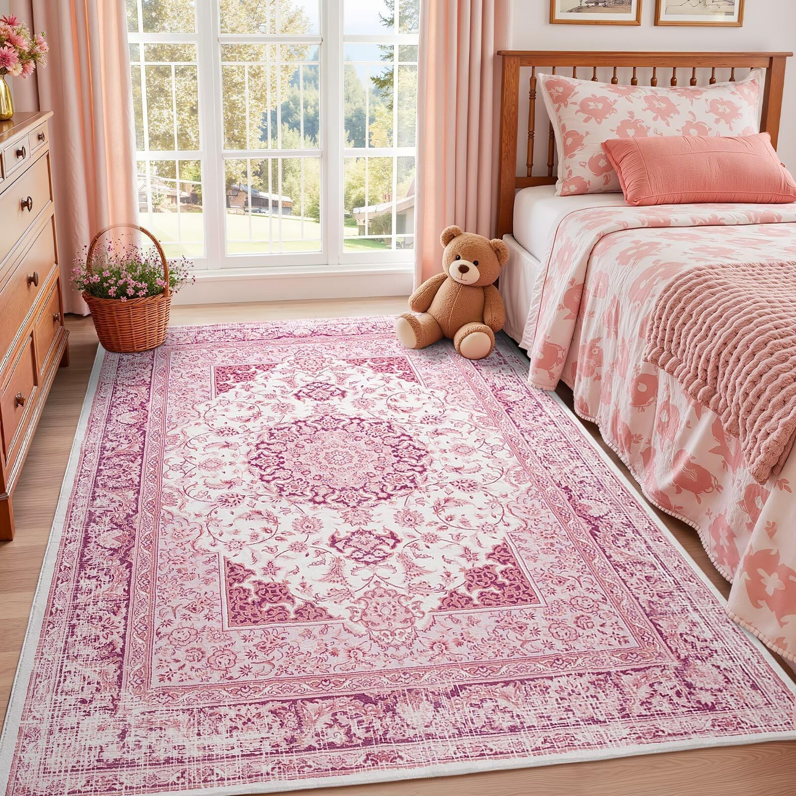 Macgace 5×7 Bright Pink Area Rug for Living Room, Machine Washable Rugs with …