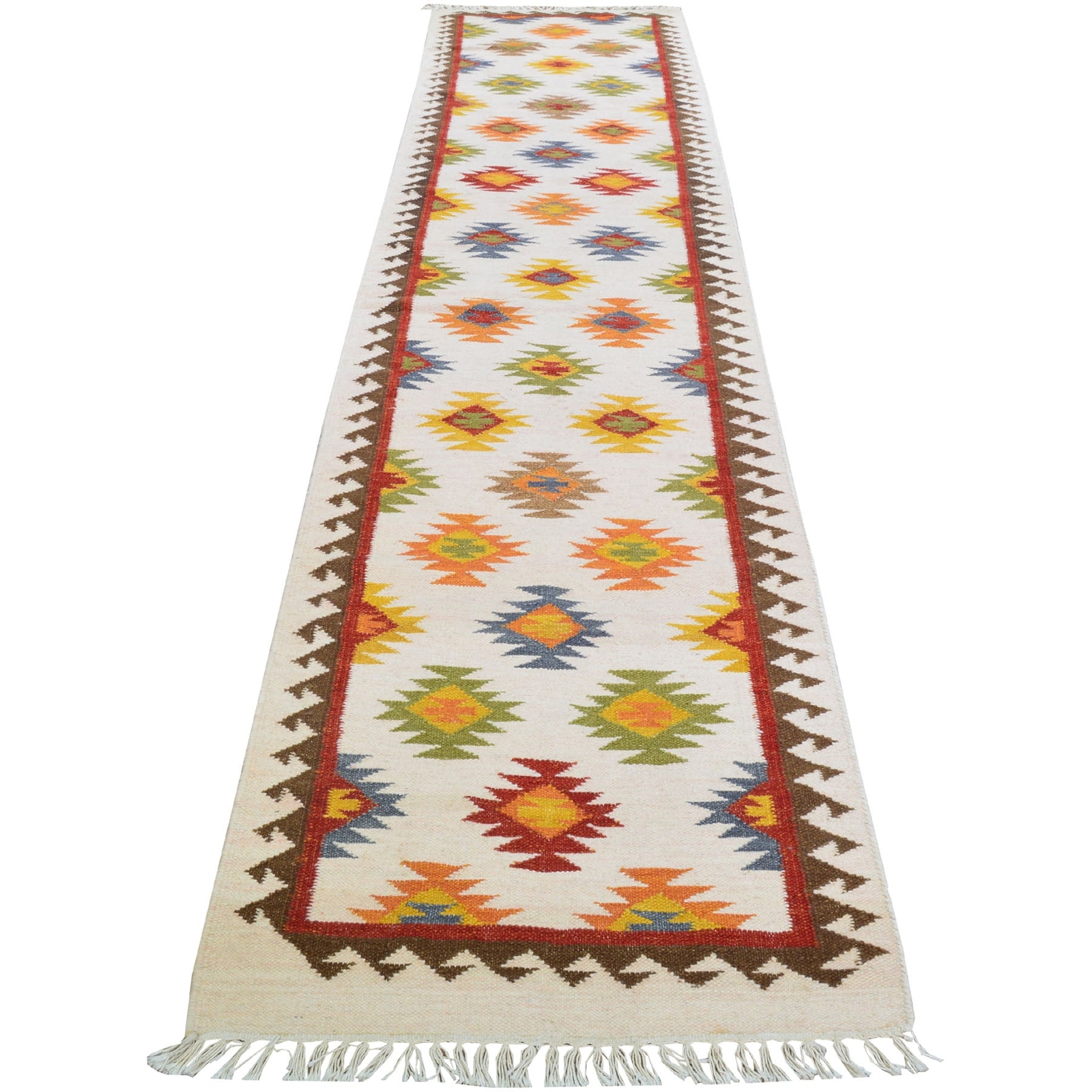 Hand-Woven Indo Durrie Tribal Design Handmade 100% Wool Rug (Size 2.6 X 11.6) Br