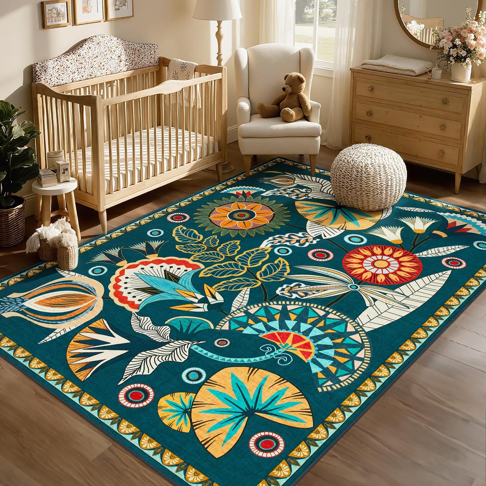Joydeco Egypt Floral Machine Washable Living Room Area Rugs 5×7, Boho Vintage…