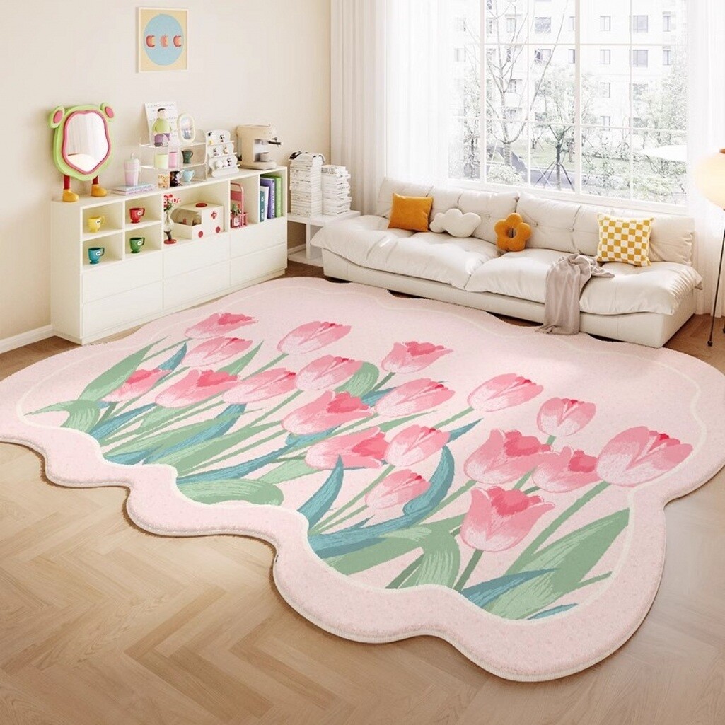 Modern Pink Green Florals Leaves Print Carpet Romantic Cute Warm Art Deco Rugs