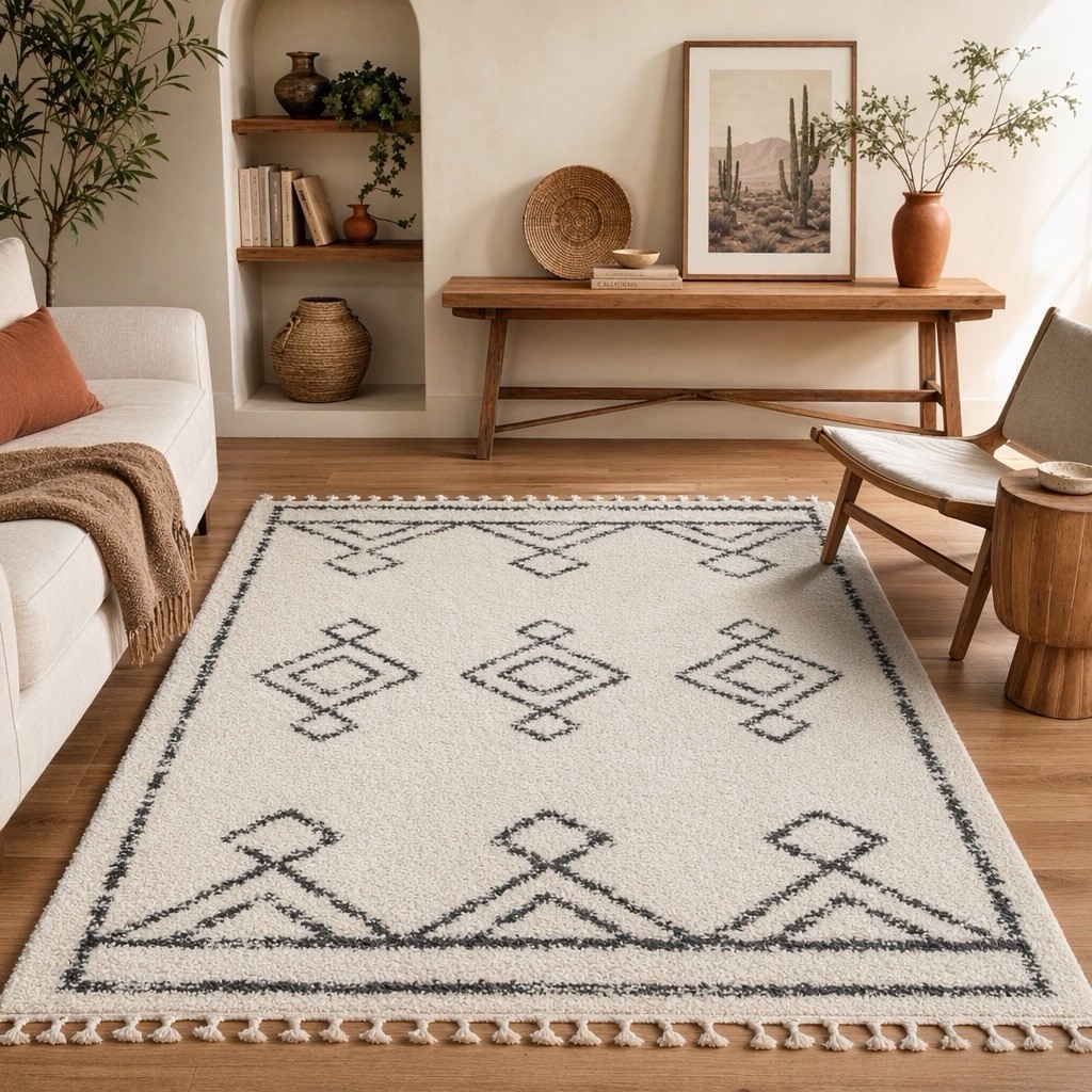 NEW West Elm White Black Boho Tassel Geometric Shag Area Rug Carpet – 8′ x 5′