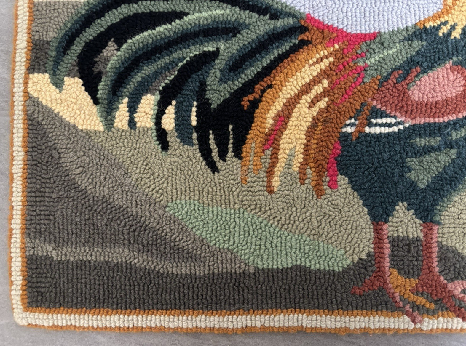 Hooked Rooster Wool Rug 26″x 19″ Colorful Primitive Countrycore -Flaws See Notes