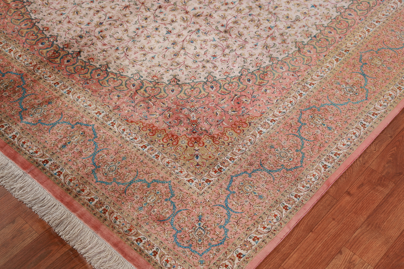 100% Silk Qqumm Signed Floral Ivory Hand-knotted Dining Room Area Rug 6×10