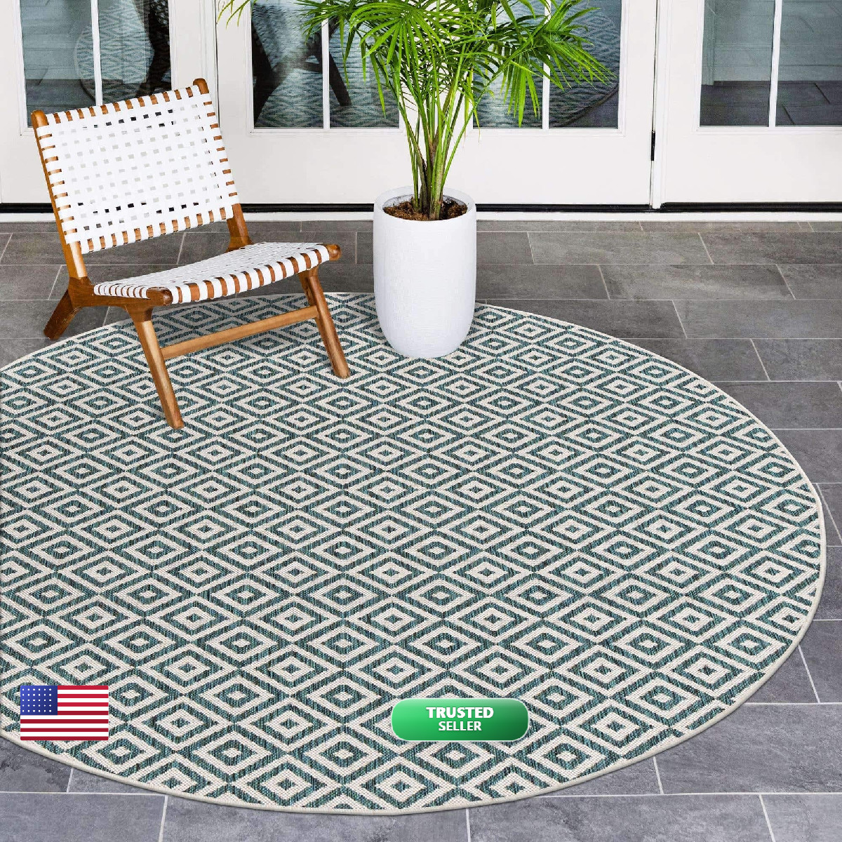 Unique Loom Jill Zarin Outdoor Collection Area Rug – 4 1 Round Teal/ Ivory
