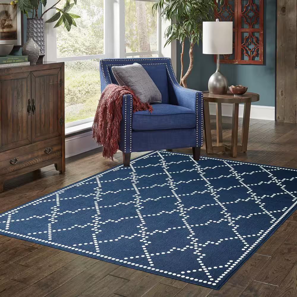 Sienna Navy/Ivory 7 Ft. X 10 Ft. Trellis Indoor/Outdoor Patio Area Rug