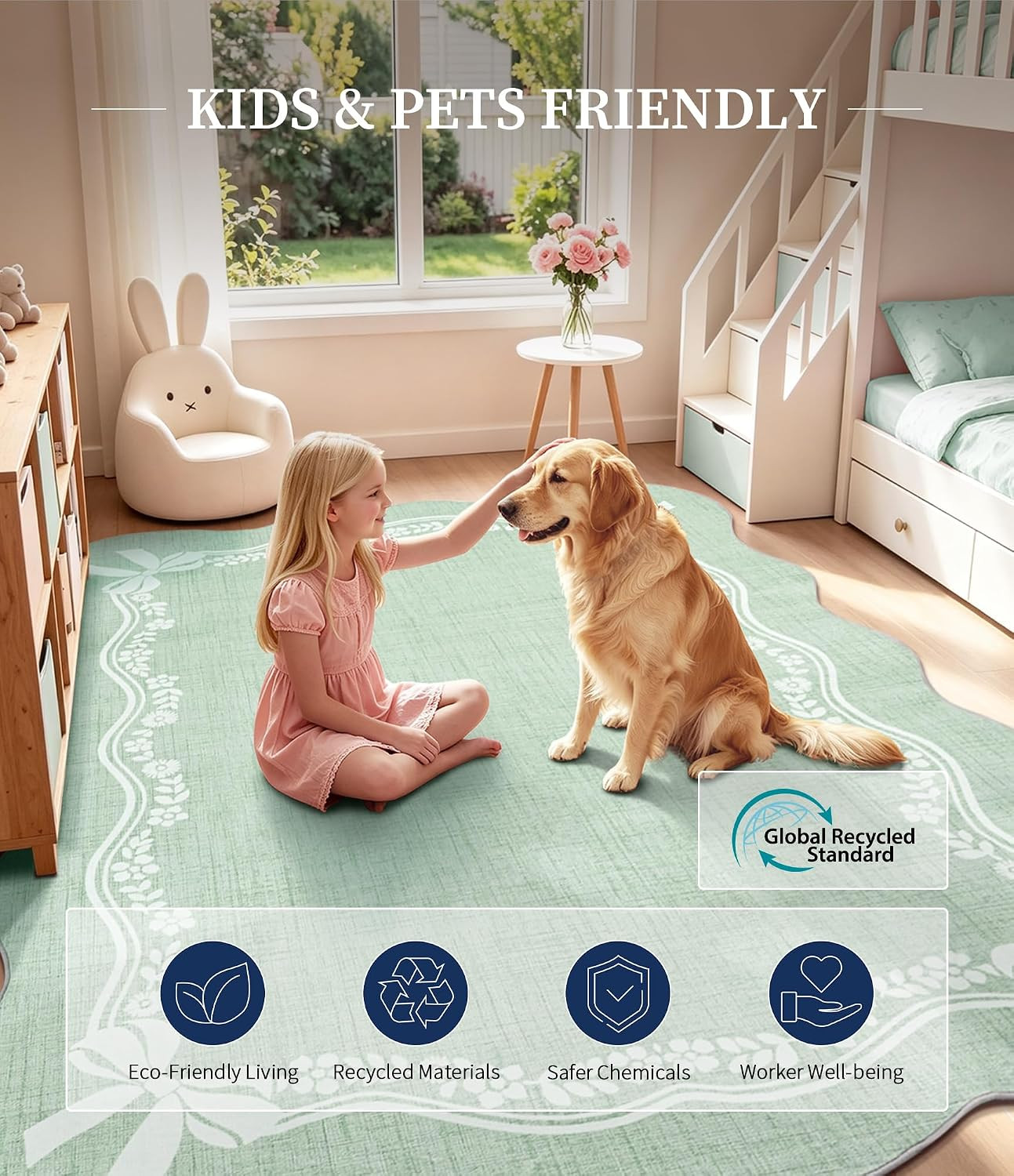 5’X7′ Area Rug Sage Green Bow Scalloped Nursery Rug, Cute Princess Girls Bedroom