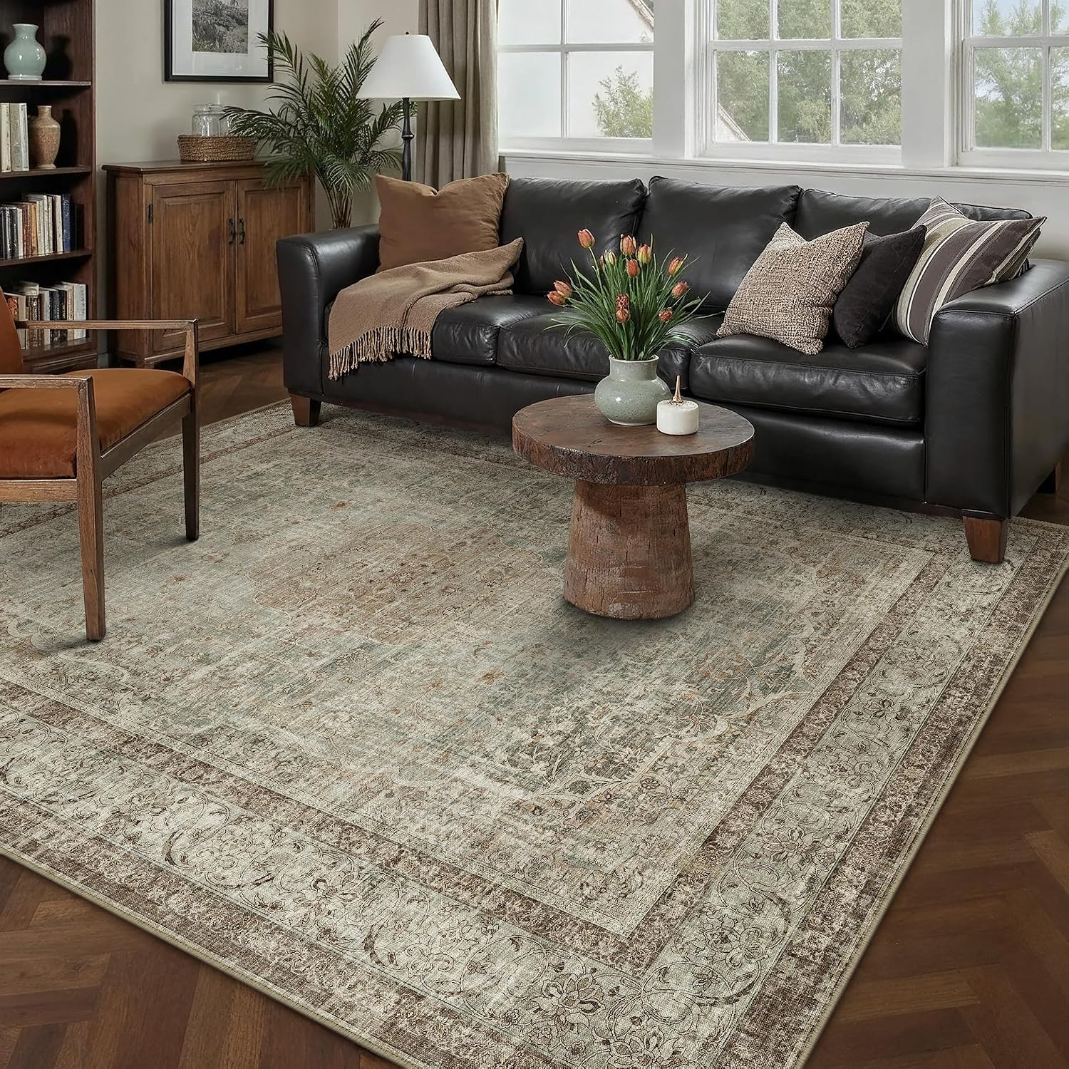 PureCozy Sage Area Rug 5×7 for Living Room Washable Vintage Carpet Low Pile Non