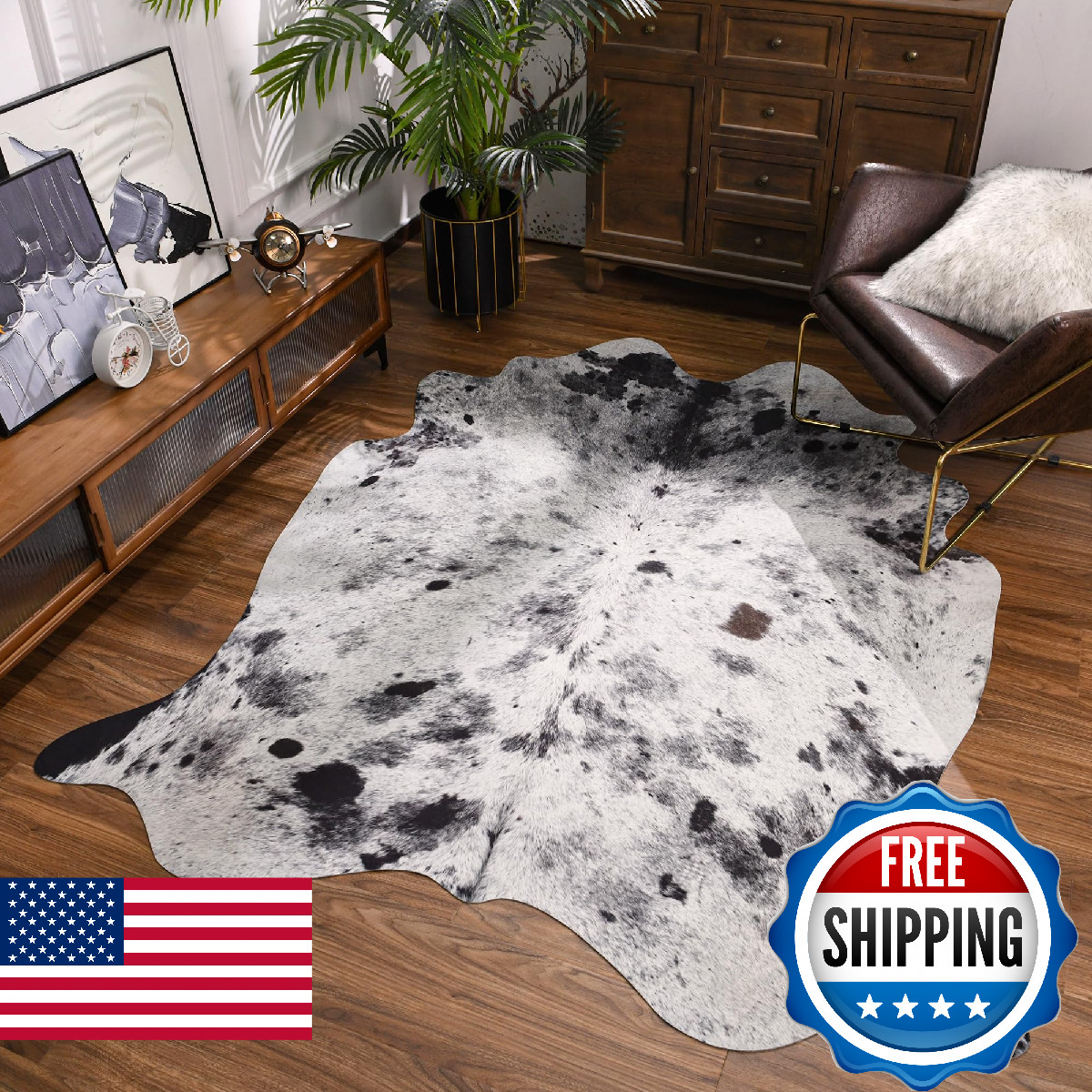 SUNYIWEI Faux Cowhide Rug 4.6×5.2 ft Gray White Black Non-Slip Living Room Bedro