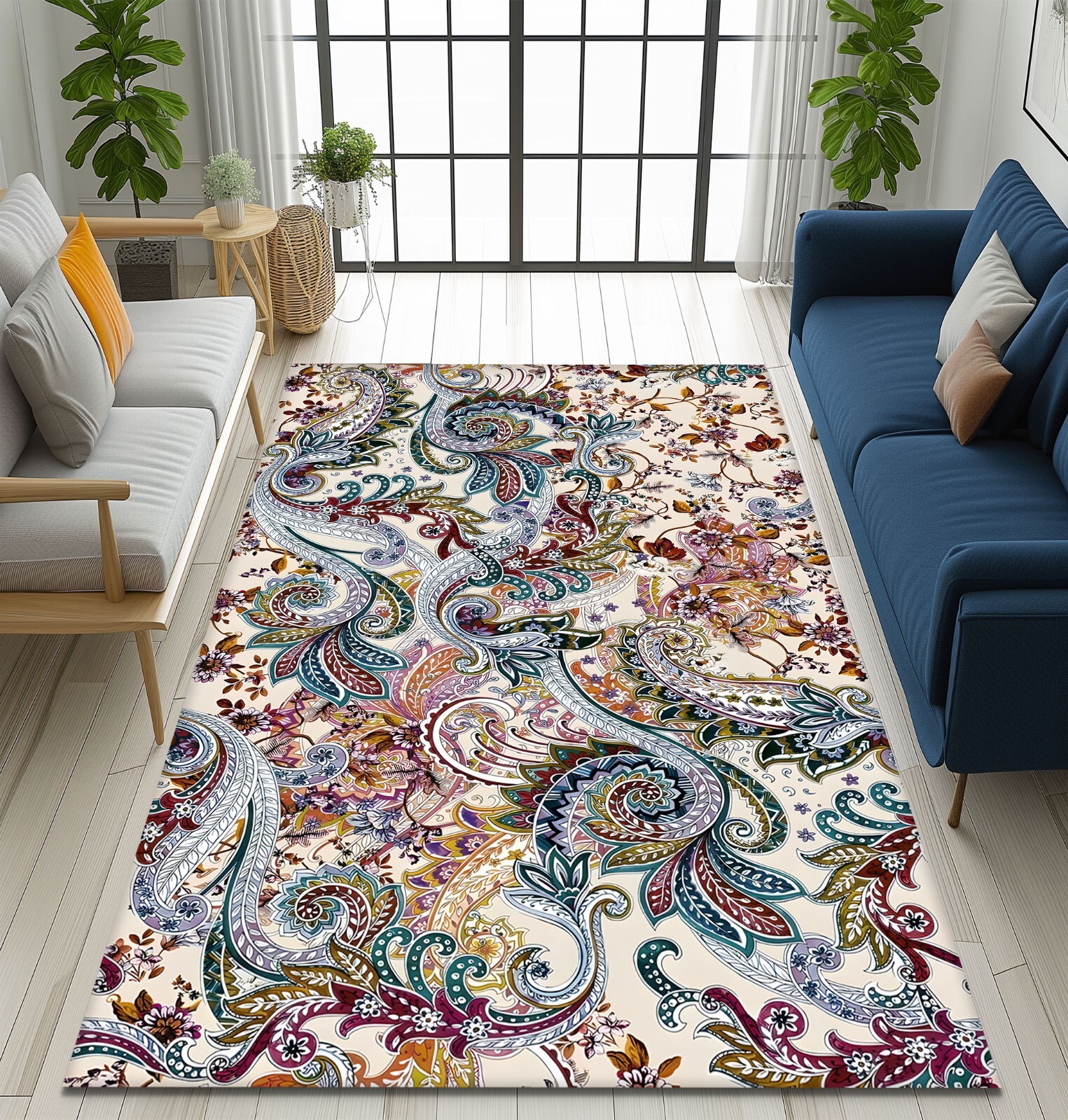 Bohemian Paisley Area Rug For Living Room, Vibrant Floral Carpet, Large Boho rug