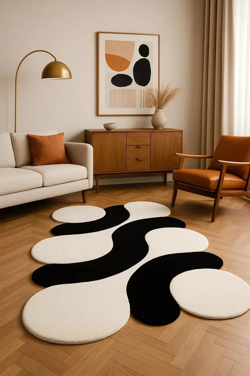 Modern Abstract Black and White Wavy Rug Irregular Contemporary Carpet