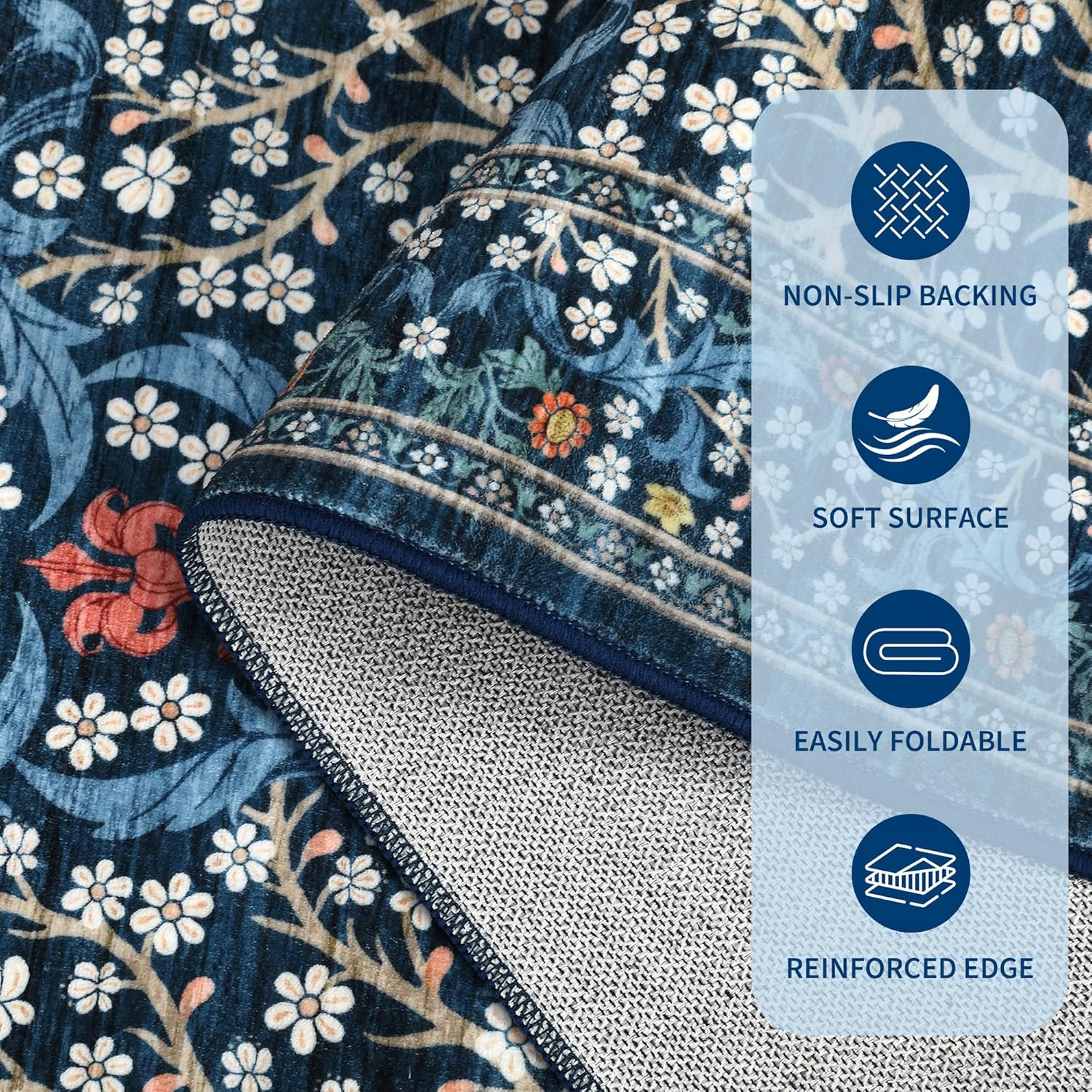 Floral Area Rugs 5X7, Dark Blue Washable Rug for Living Room, Bedroom, Low Pile