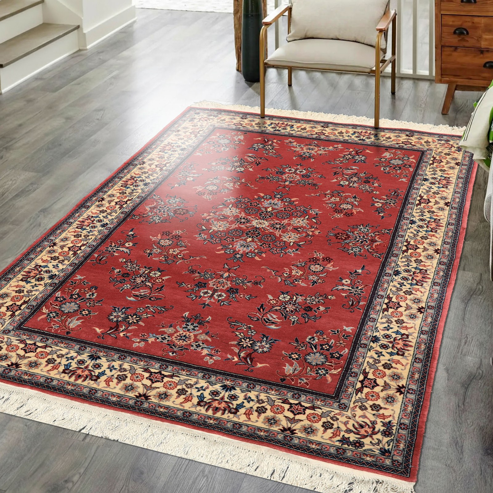 4×6 Hand Knotted New Zealand Wool Rose, Ivory PakPersian 250 KPSI Saroukk Rug