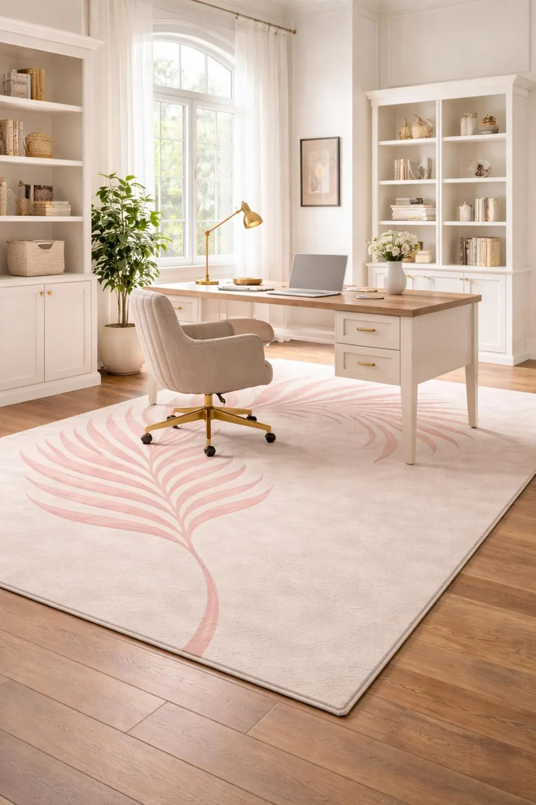 Hand Tufted NZ Wool Palm Leaf Rug, Minimalist Beige Blush Pink Carpet Design Rug