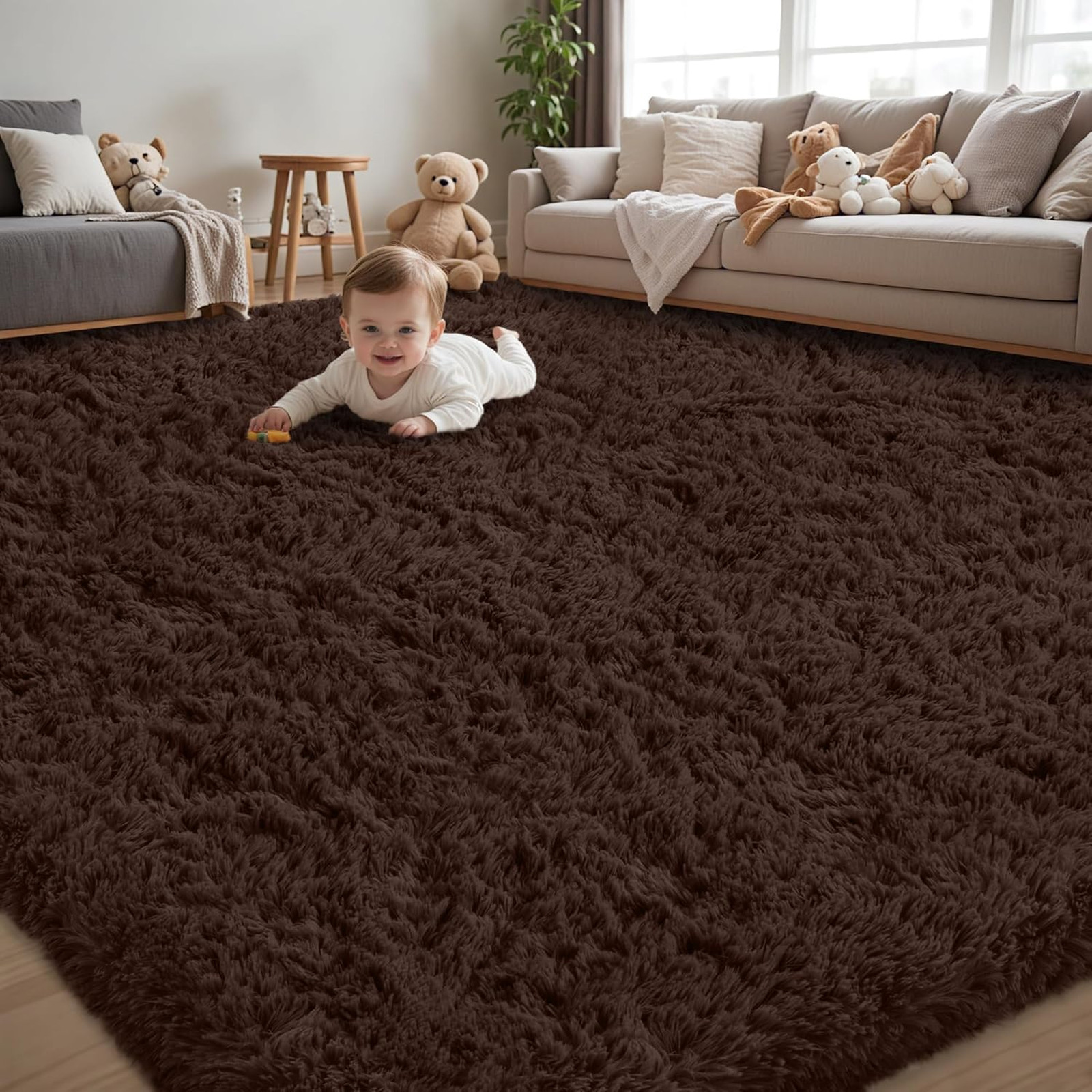 8×10 Area Rug for Living Room Brown Fluffy Shag Plush Non Slip Washable Bedroom