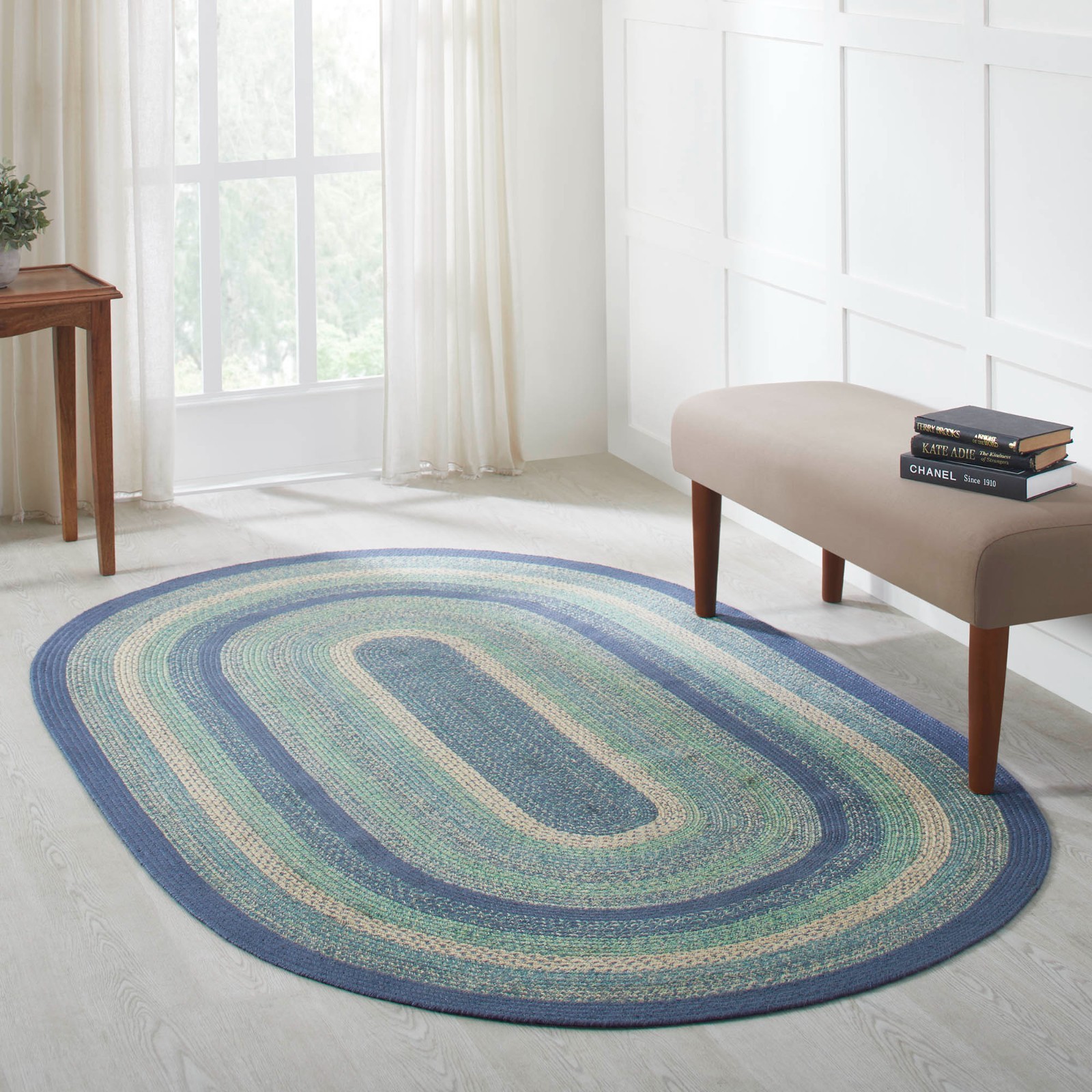 VHC Jolie Green Blue Variegated Country Cottage Oval Braided Rug