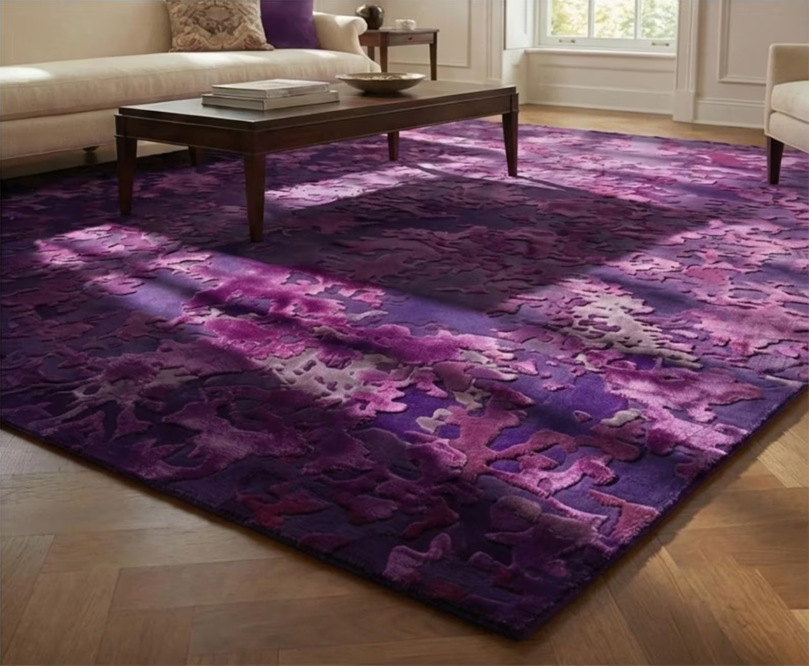Purple High Low Pile Abstract Area Rug 100% New Zealand Wool and viscose