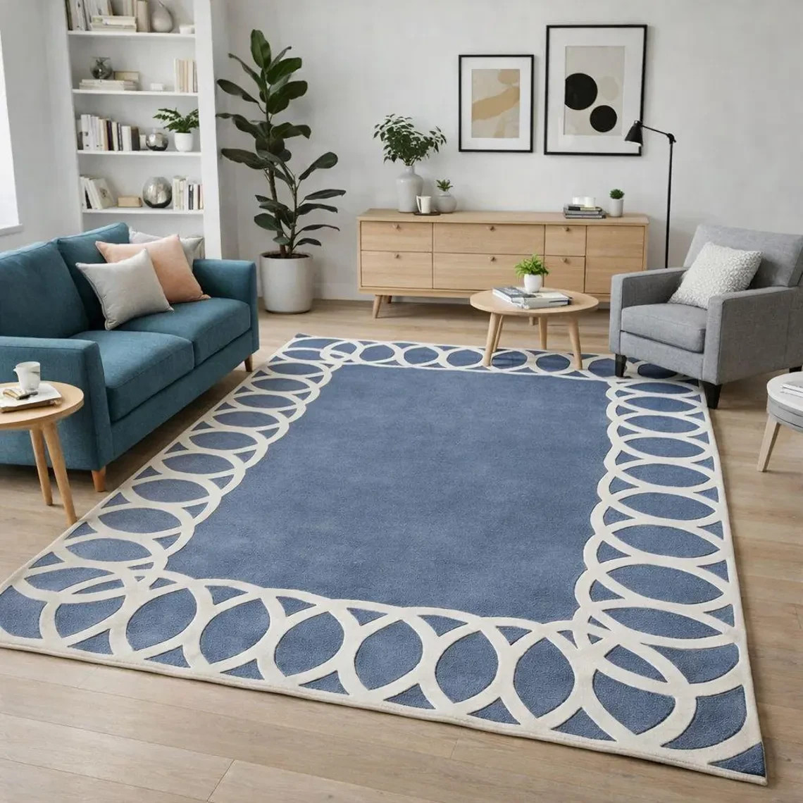 Hand Tufted Blue Geometric Area Rug, Modern Living Room Handmade Carpet