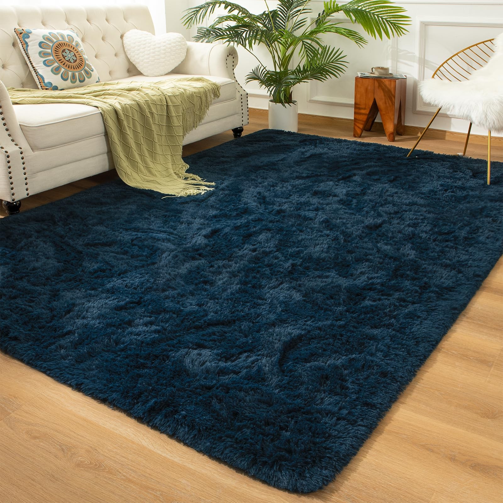 Shag Area Rug for Living Room, 5×8 Feet Soft Fluffy 5 ft x 8 ft Navy Blue