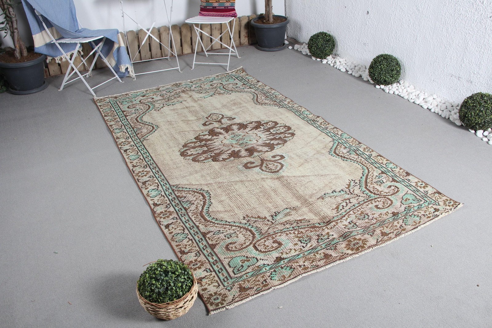 4,6×7,9 ft Rug, Vintage Turkish Rug, Beige Green Floral paisley Wool Rug