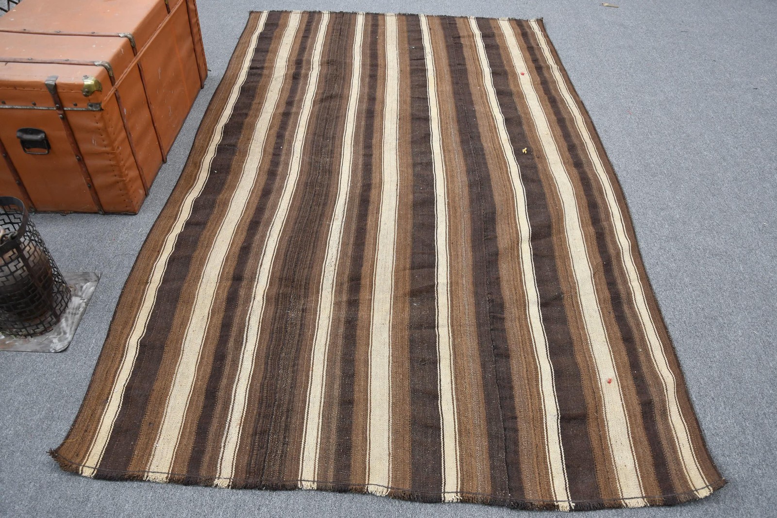 Turkish Vintage Kilim Rug 5,1×8,4 ft, Brown Large Moroccan Wool Rug