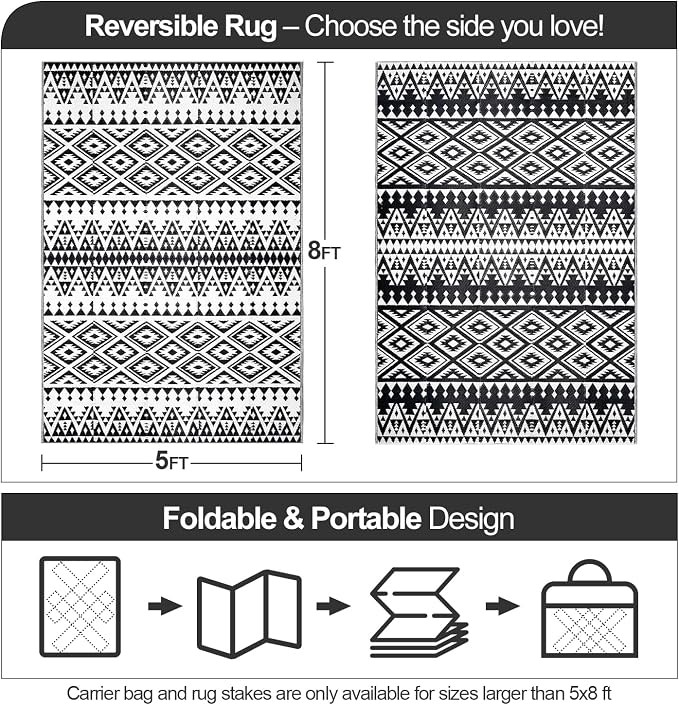 Waterproof Outdoor Rug 5x8ft Bohemia Reversible Plastic