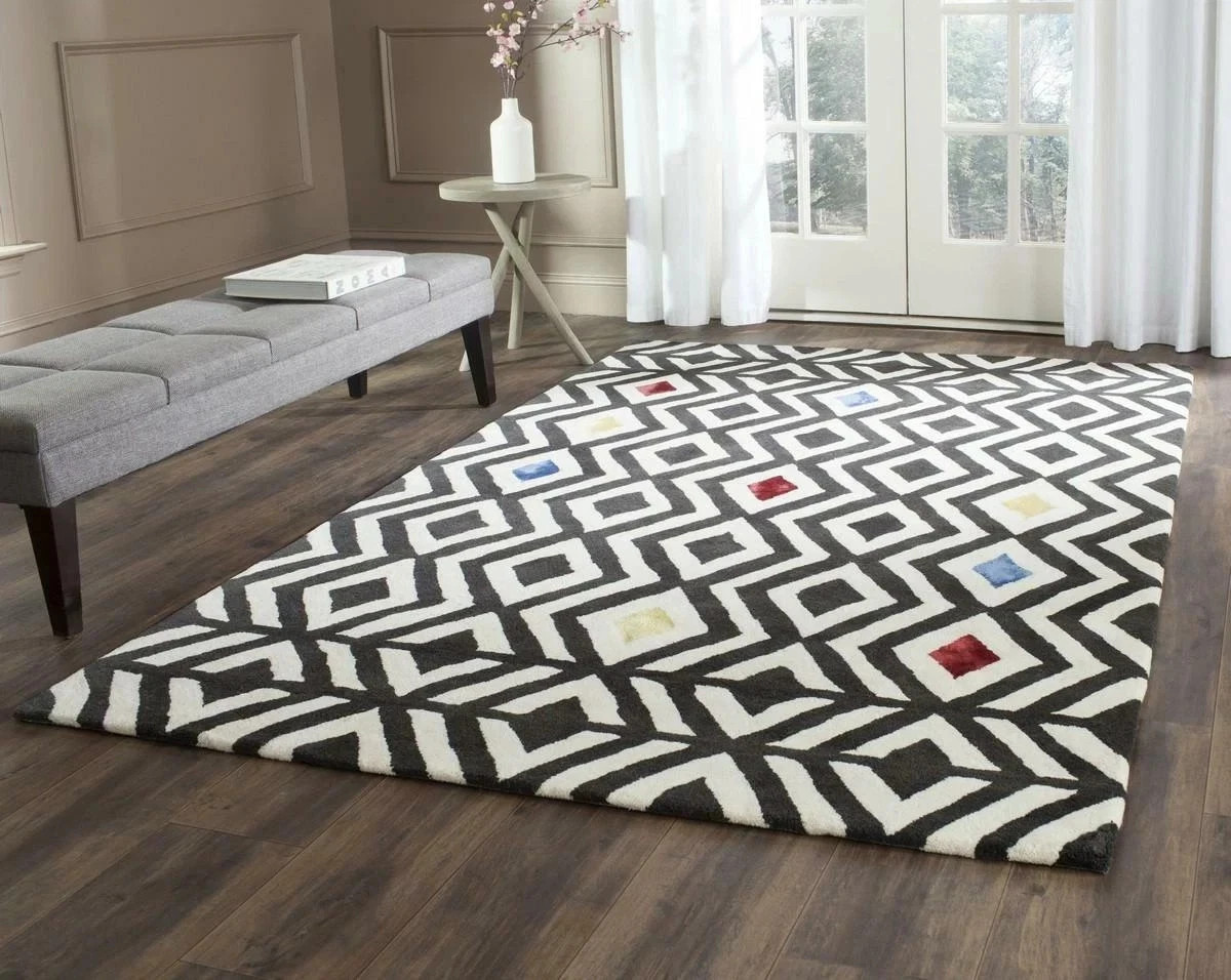 Black White Diamond Hand Tufted Area Rug 8×10 Modern Geometric Pattern