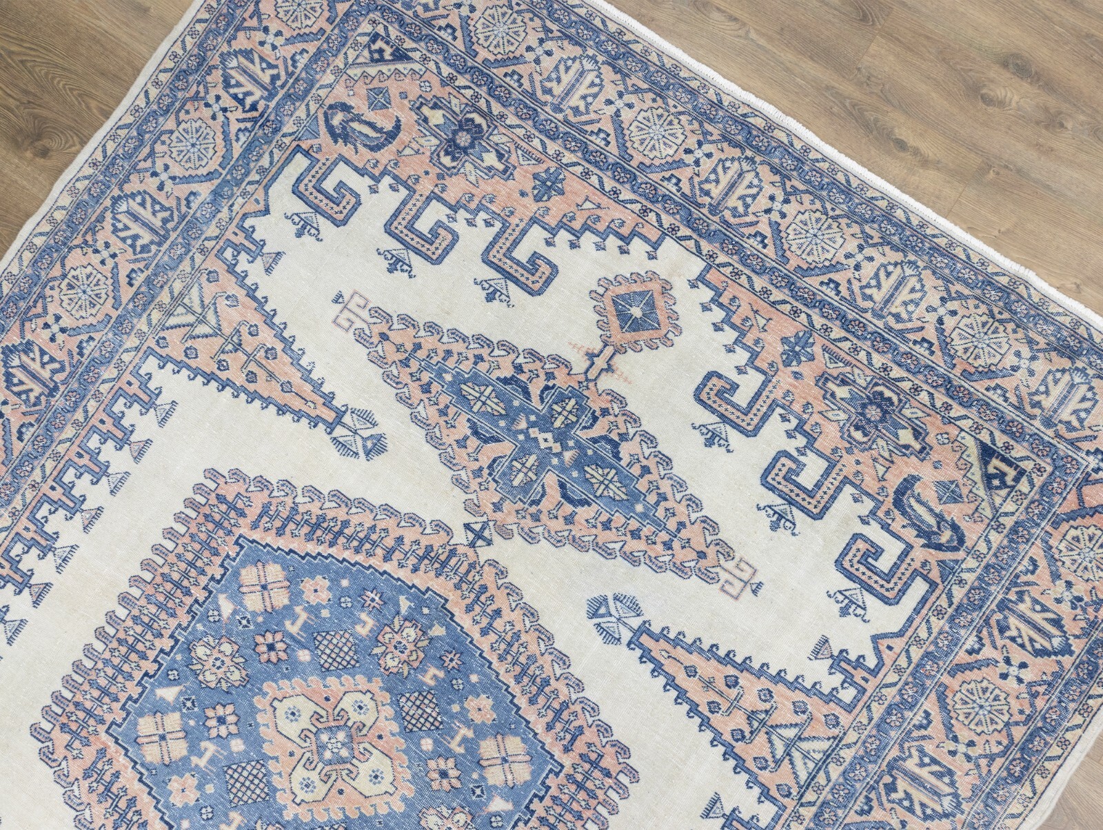 Coastal Boho Rug 8.1×10.10 ft – Blue Peach – Soft Mediterranean Statement Carpet