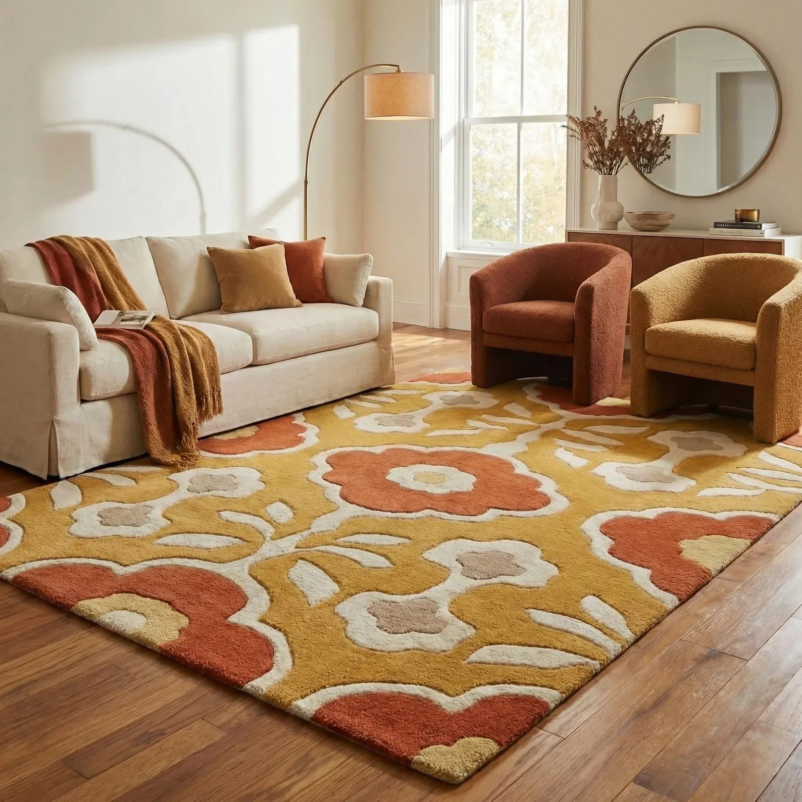 Groovy Wavy Flower Rug Hand-Tufted Terracotta Yellow Mid-Century Area Carpet