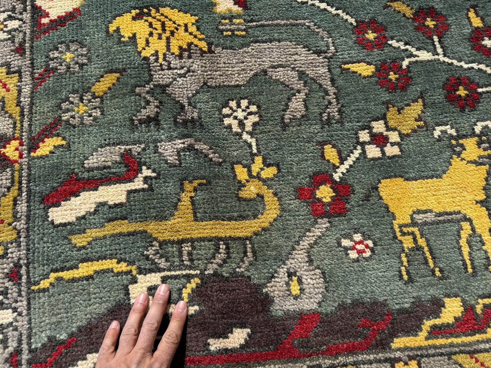 8×10 GREEN RUG handmade wool ORIENTAL new colorful hand-woven animals oushak big
