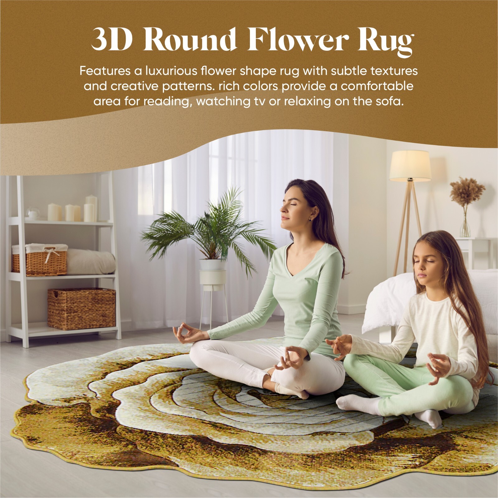 Flowers Hand Carved Floral Rose Novelty Thick Rug 2’7”x2’7” Round Beige Cream
