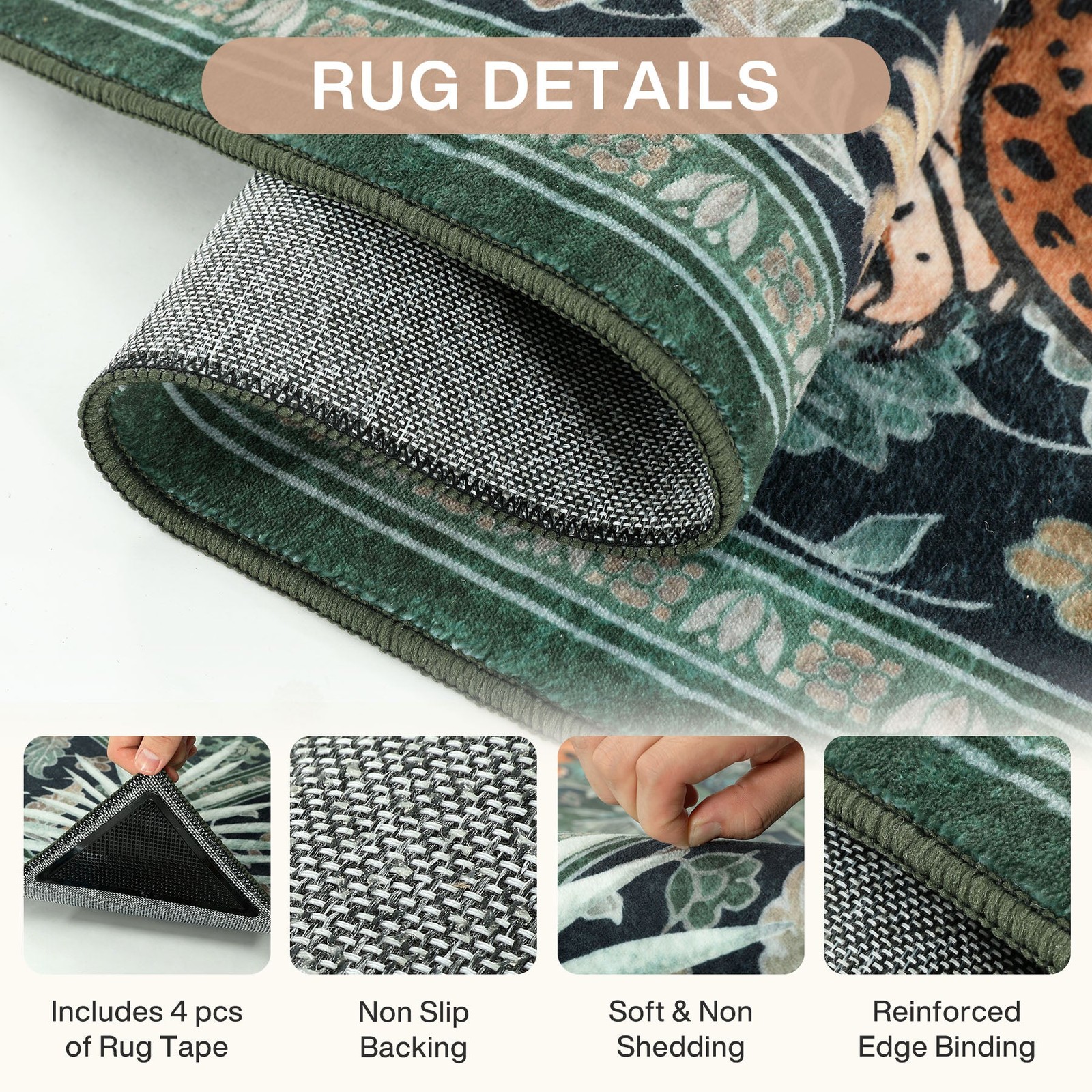 5X7/8X10 Washable Tiger Leopard Print Area Rug, Boho Low Pile Non Slip Carpet