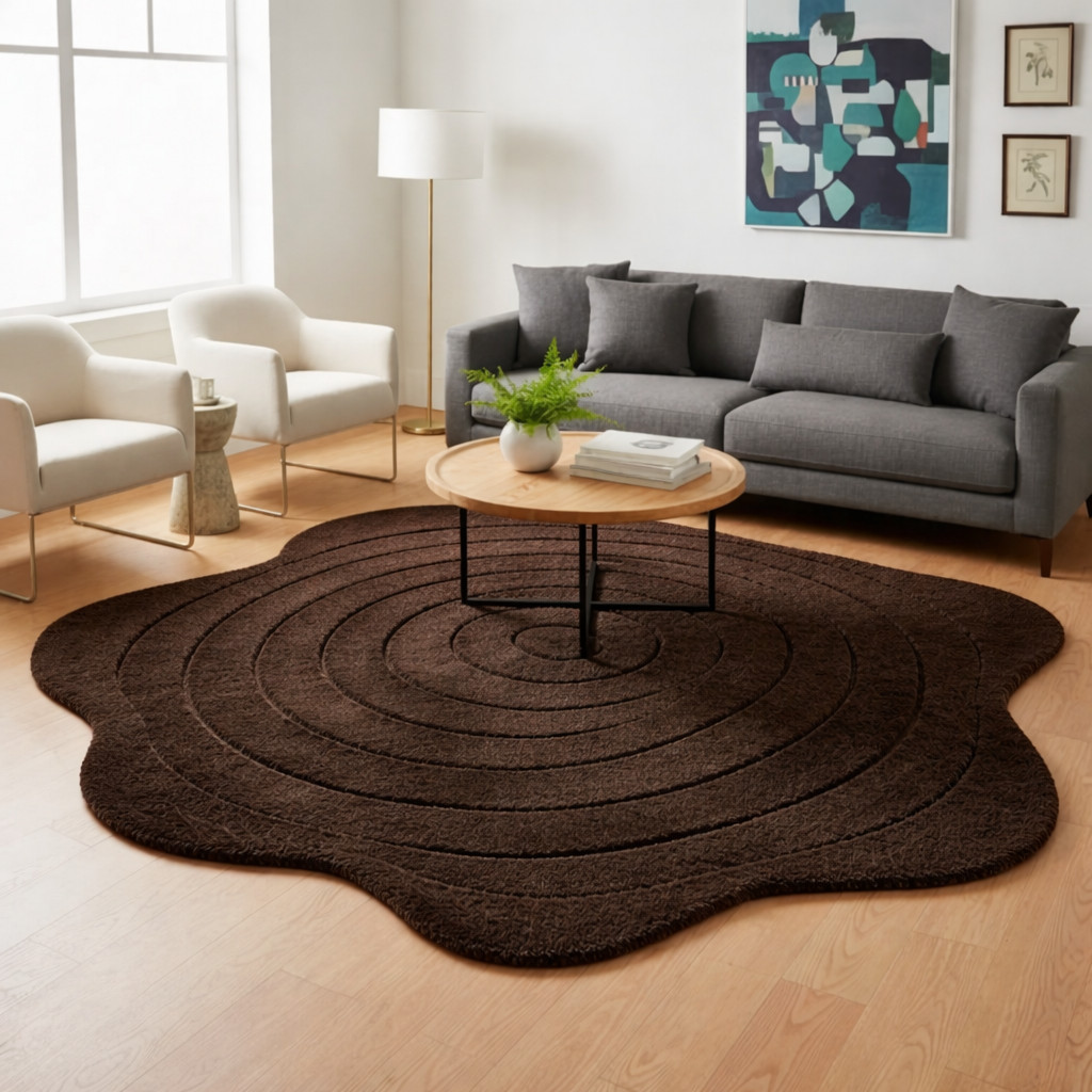 Luxury dark brown irregular shape area rug -Modern abstract wavy edge carpet .